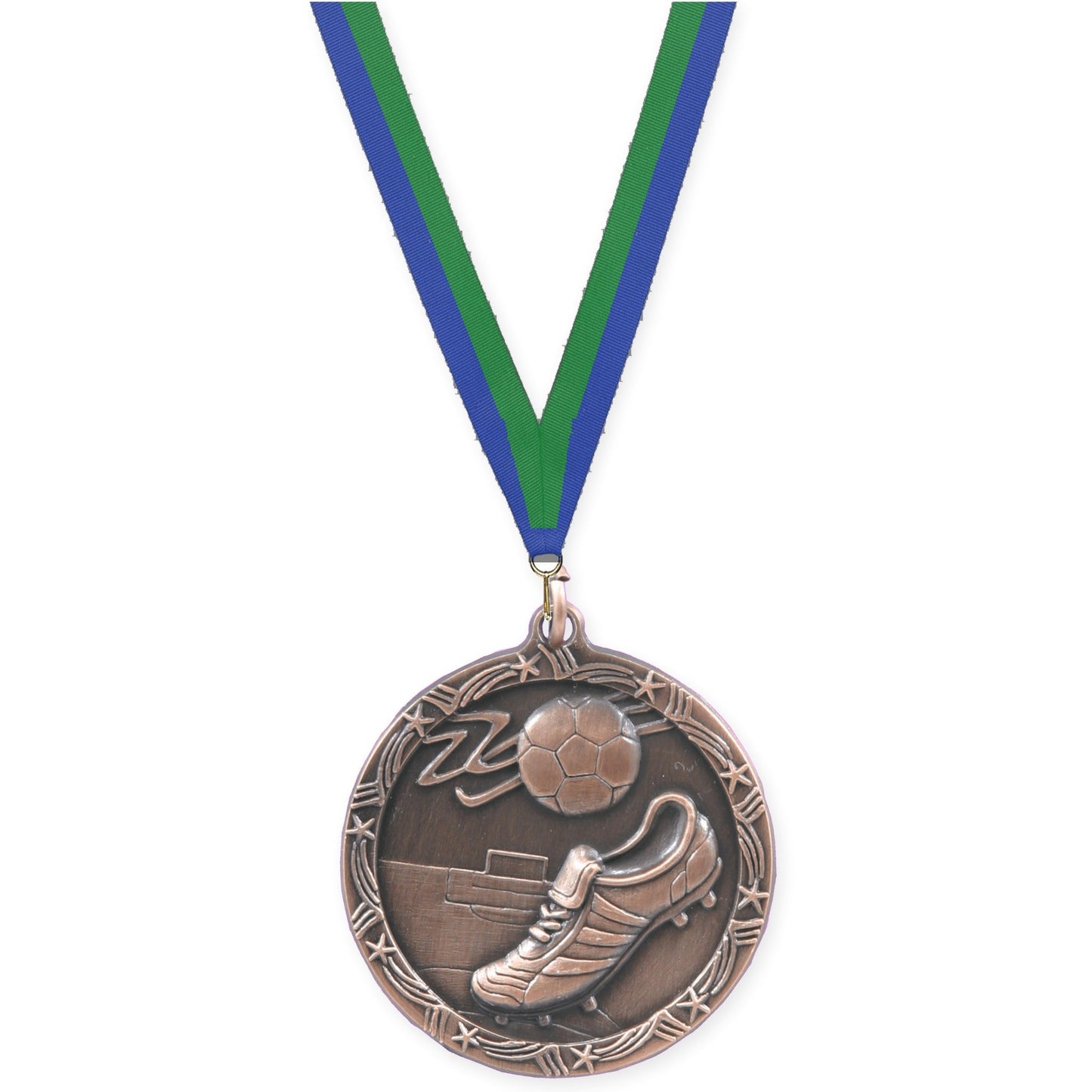 2 1/2 inch soccer Shooting Star medal in antique bronze with Blue Green neck ribbon