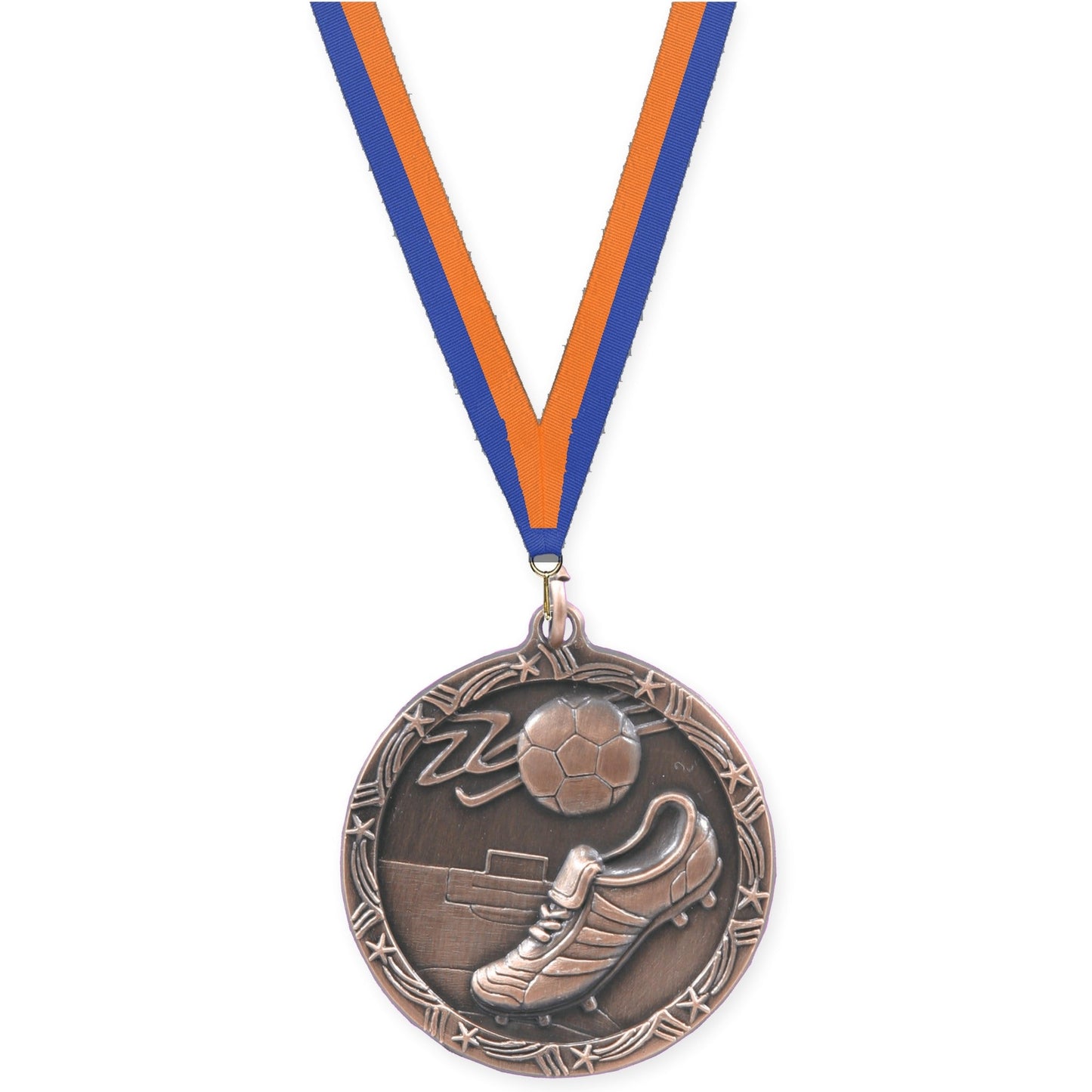 2 1/2 inch soccer Shooting Star medal in antique bronze with Blue Orange neck ribbon
