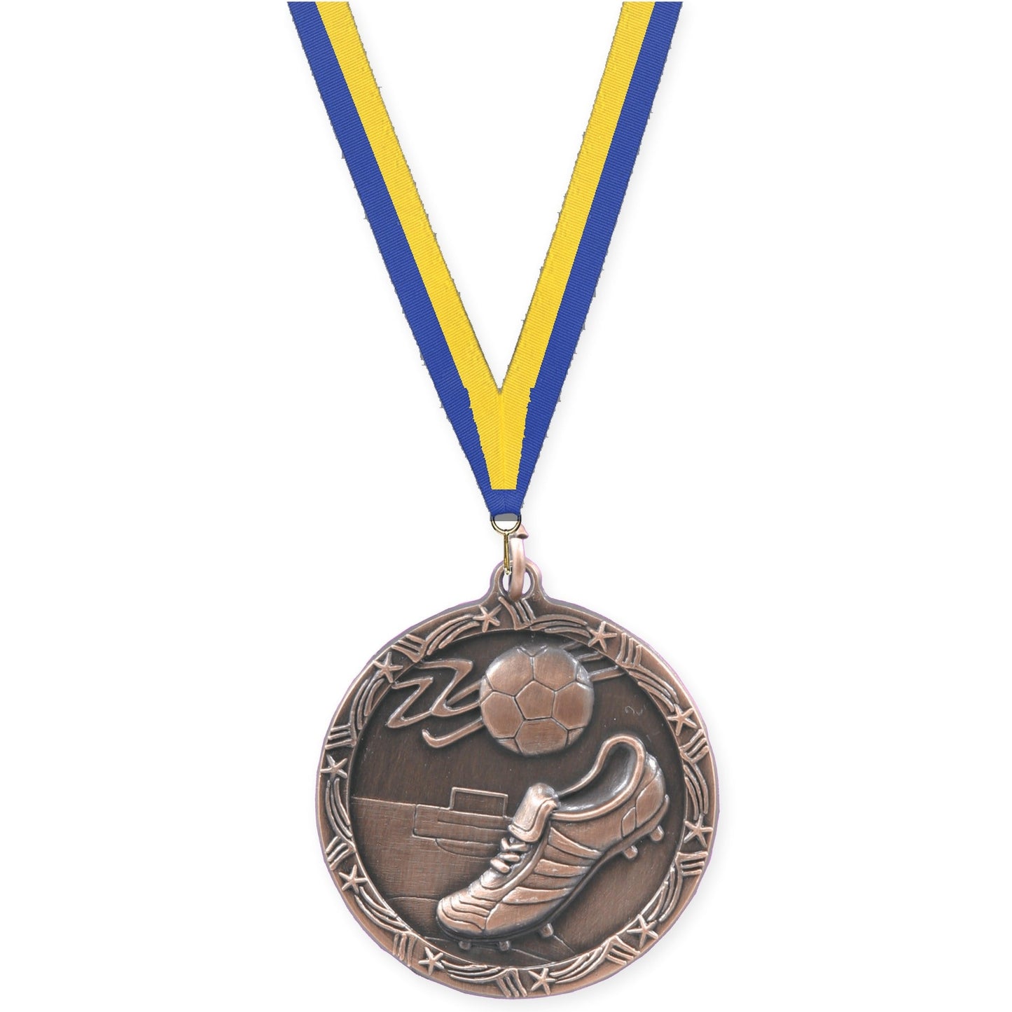 2 1/2 inch soccer Shooting Star medal in antique bronze with Blue Yellow neck ribbon