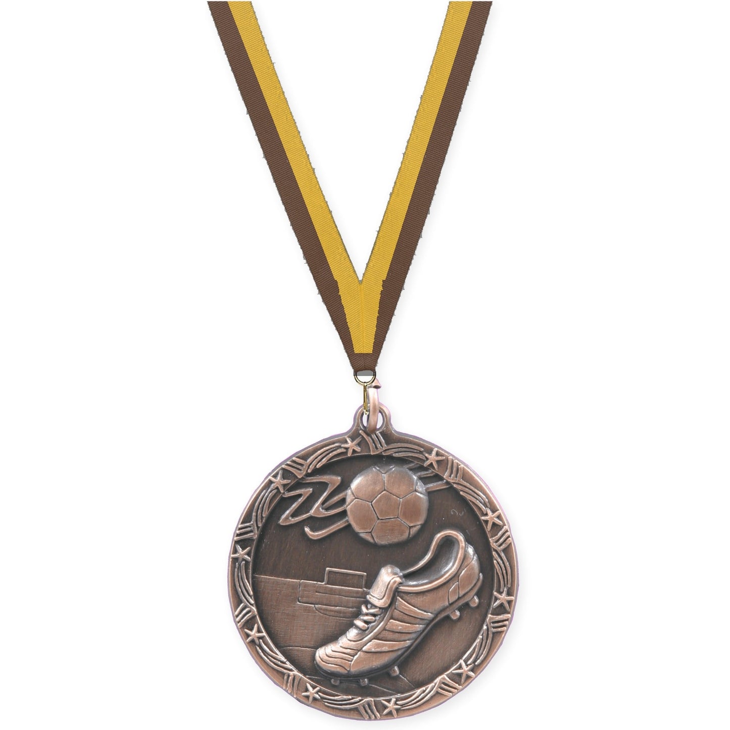 2 1/2 inch soccer Shooting Star medal in antique bronze with Brown Gold neck ribbon