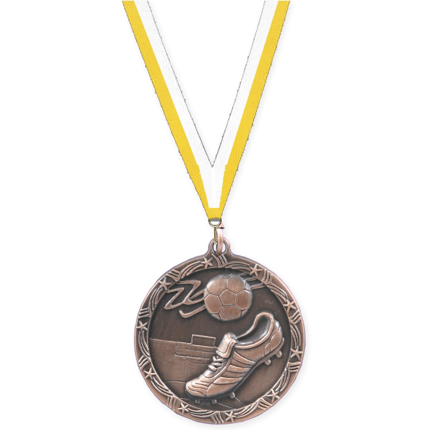 1 3/4 inch soccer Shooting Star medal in antique bronze with Yellow White neck ribbon