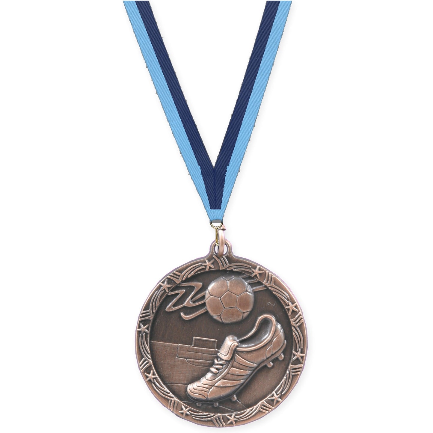1 3/4 inch soccer Shooting Star medal in antique bronze with Light Blue Navy neck ribbon