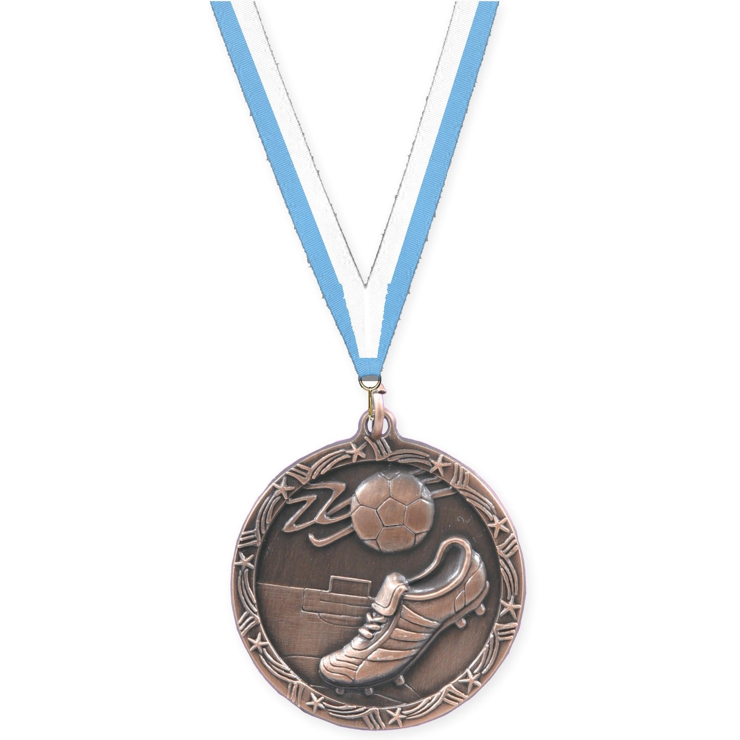 1 3/4 inch soccer Shooting Star medal in antique bronze with Light Blue White neck ribbon