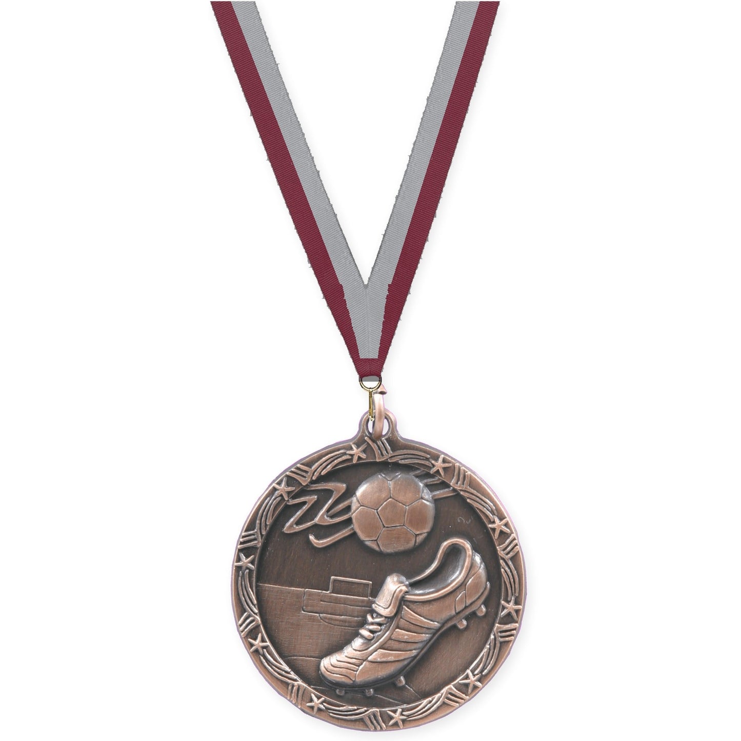 1 3/4 inch soccer Shooting Star medal in antique bronze with Maroon Gray neck ribbon