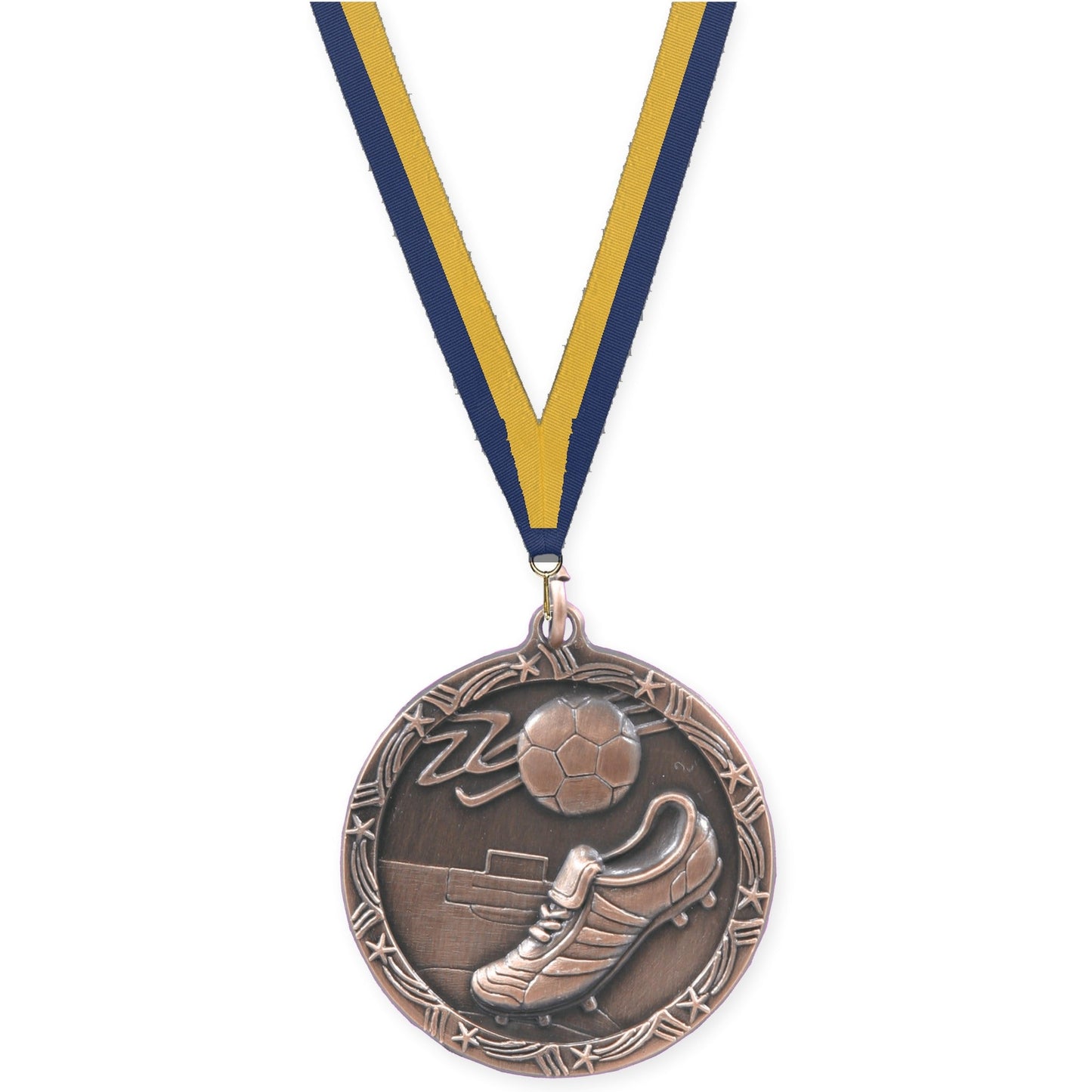 2 1/2 inch soccer Shooting Star medal in antique bronze with Navy Gold neck ribbon