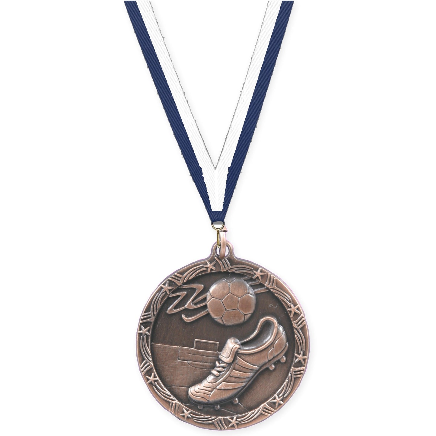 1 3/4 inch soccer Shooting Star medal in antique bronze with Navy White neck ribbon
