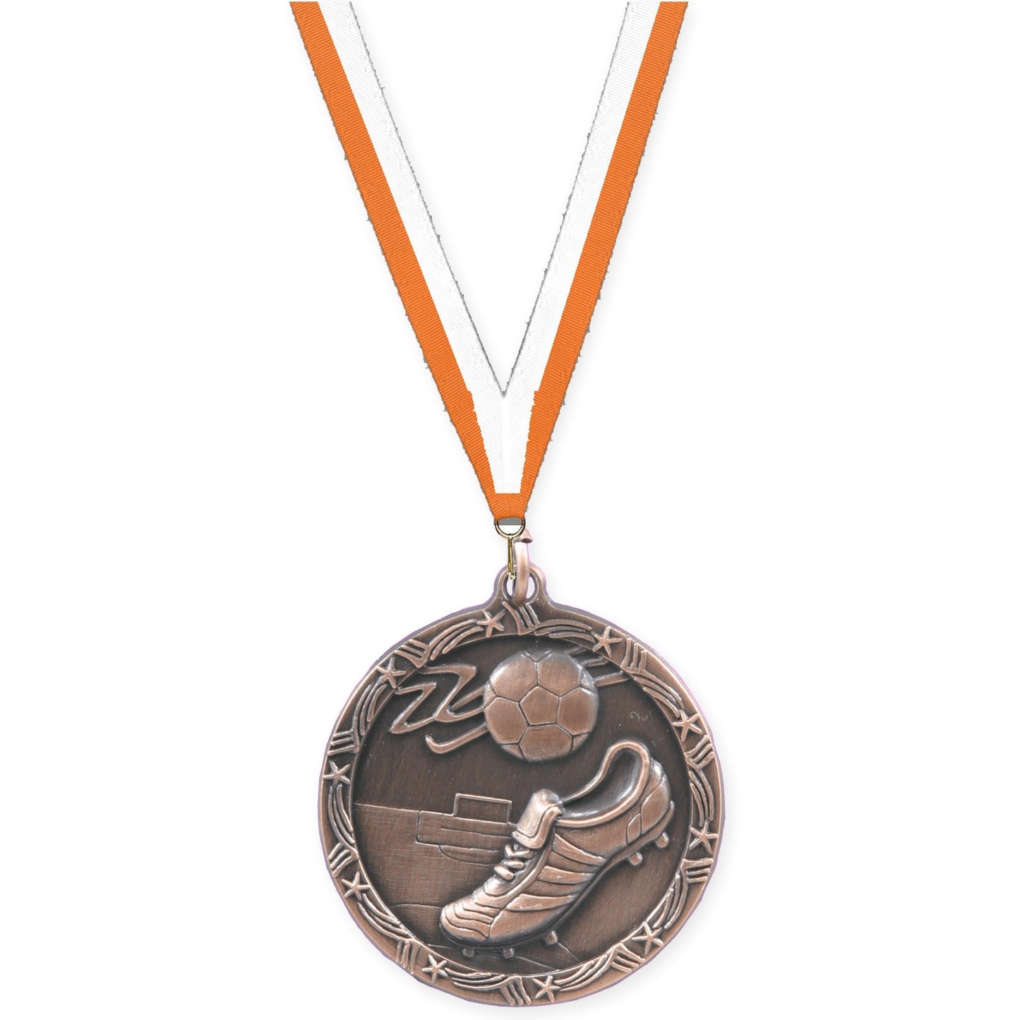 1 3/4 inch soccer Shooting Star medal in antique bronze with Orange White neck ribbon