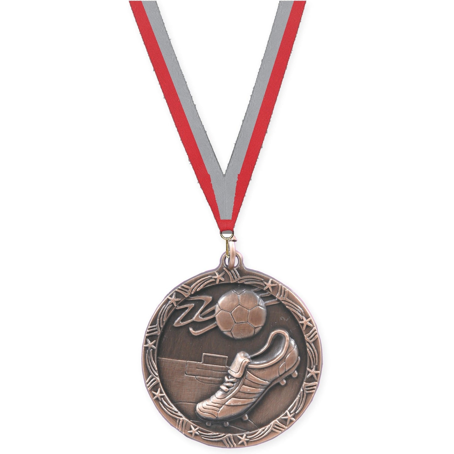 2 1/2 inch soccer Shooting Star medal in antique bronze with Red Gray neck ribbon