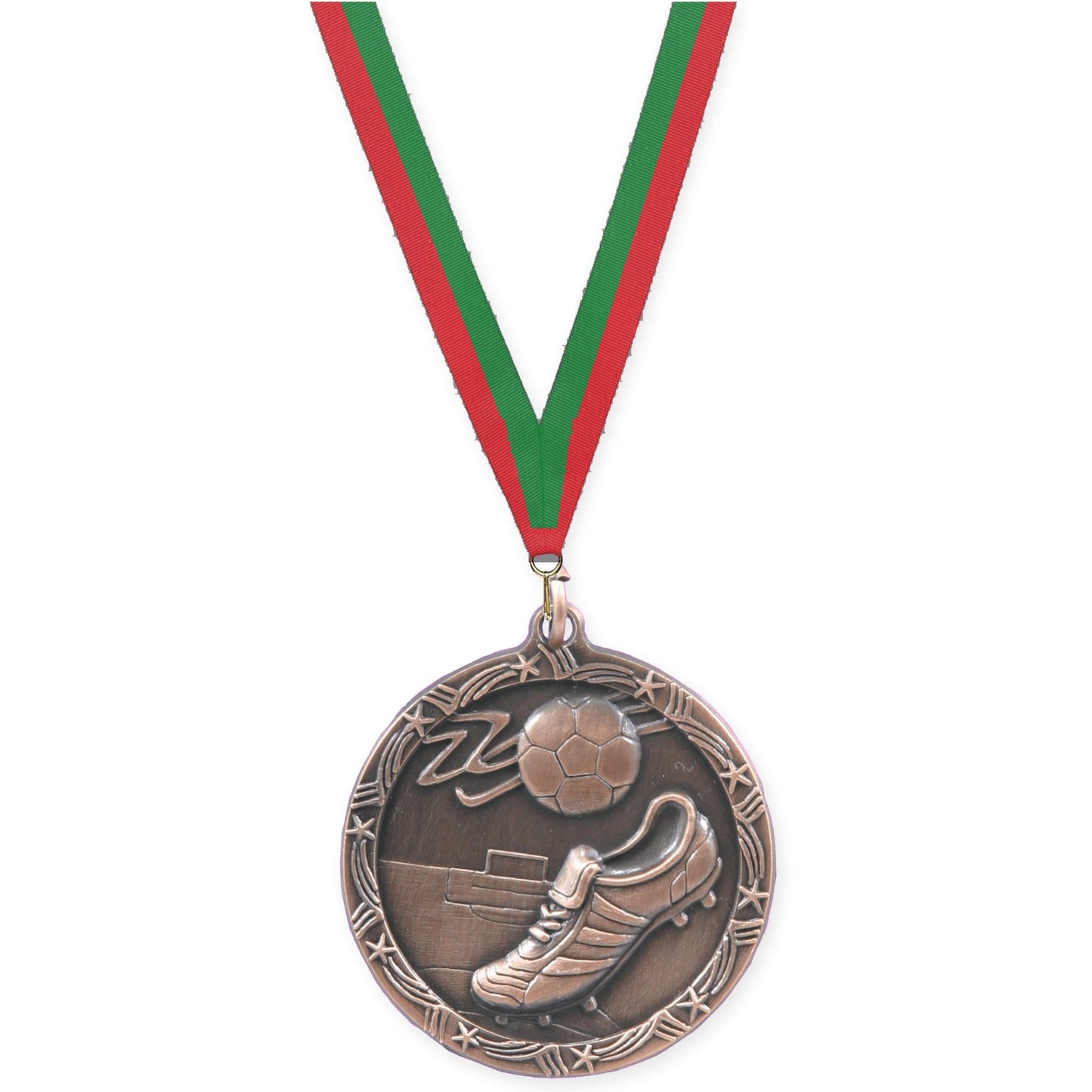 2 1/2 inch soccer Shooting Star medal in antique bronze with Red Green neck ribbon