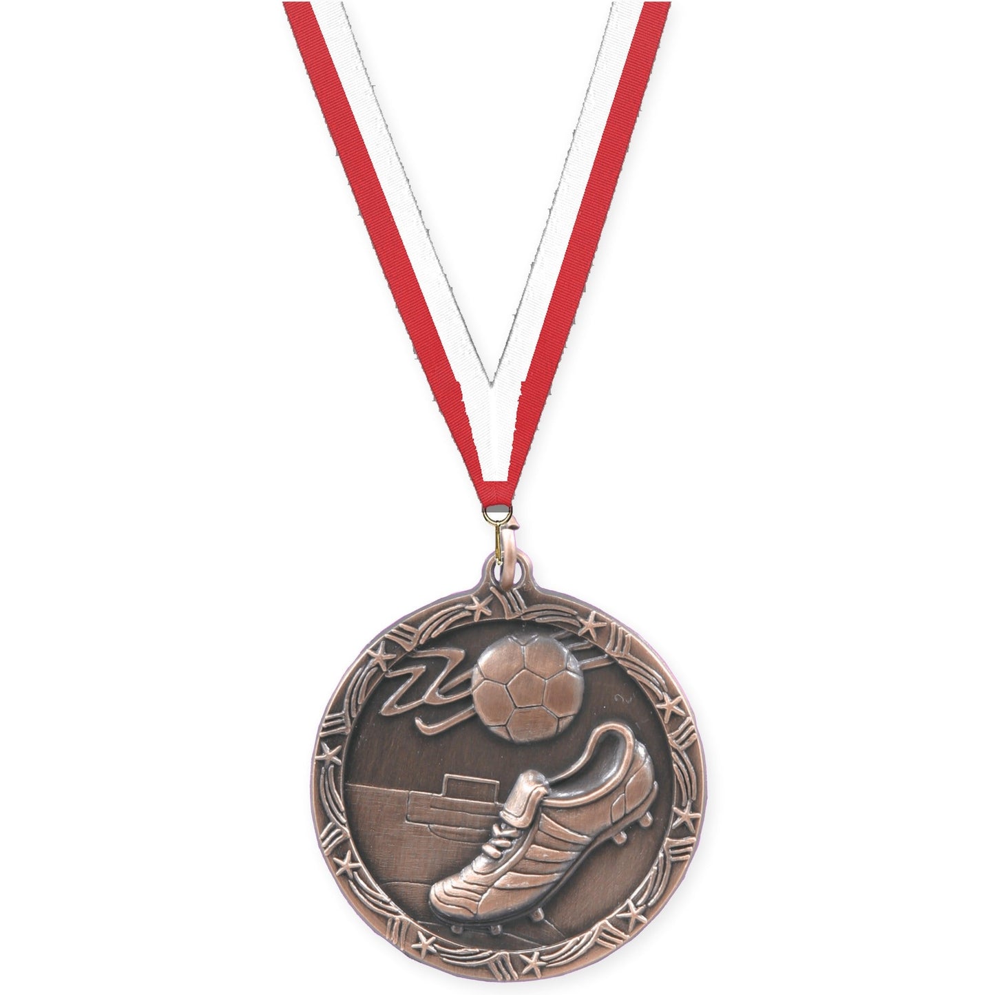 2 1/2 inch soccer Shooting Star medal in antique bronze with Red White neck ribbon
