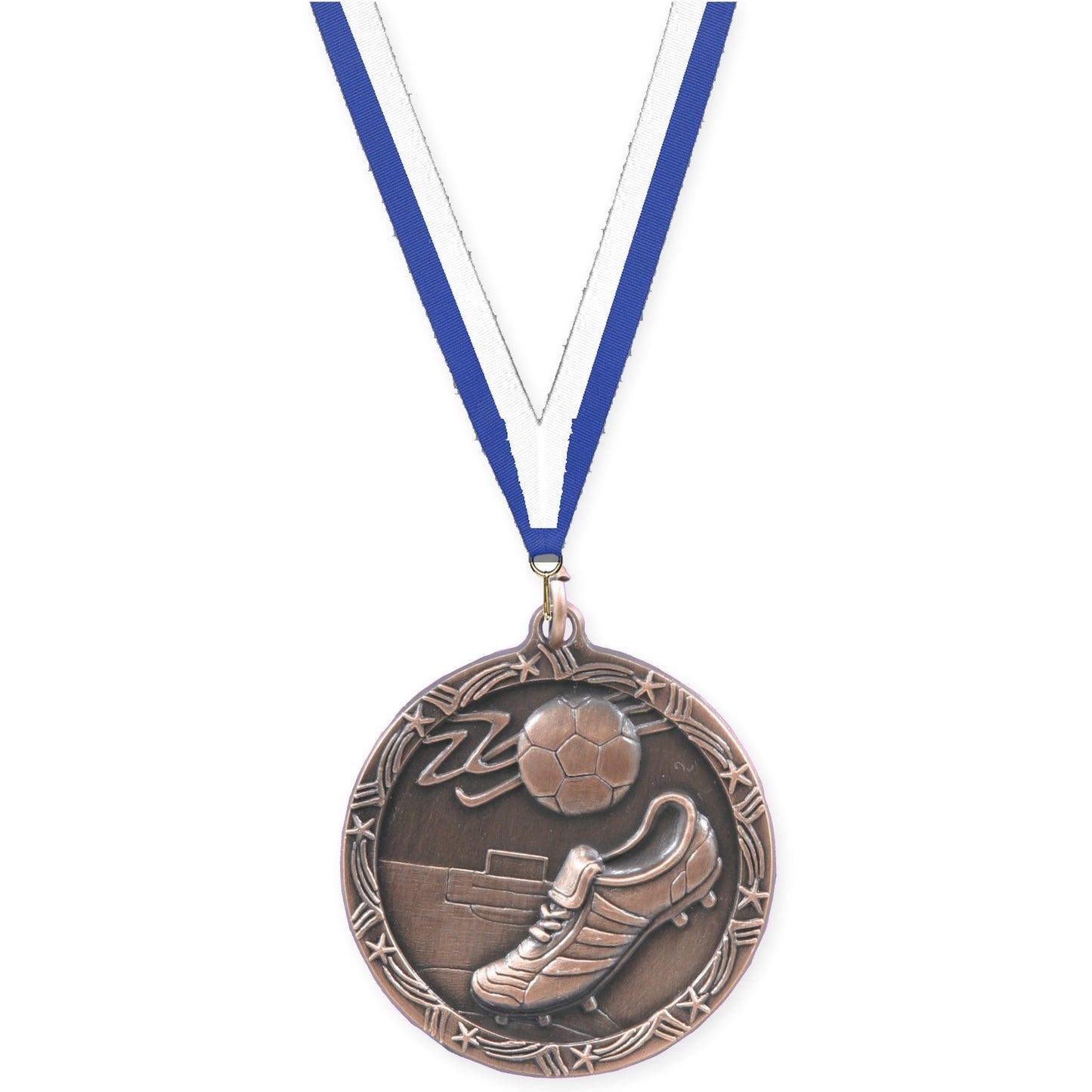 1 3/4 inch soccer Shooting Star medal in antique bronze with Blue White neck ribbon