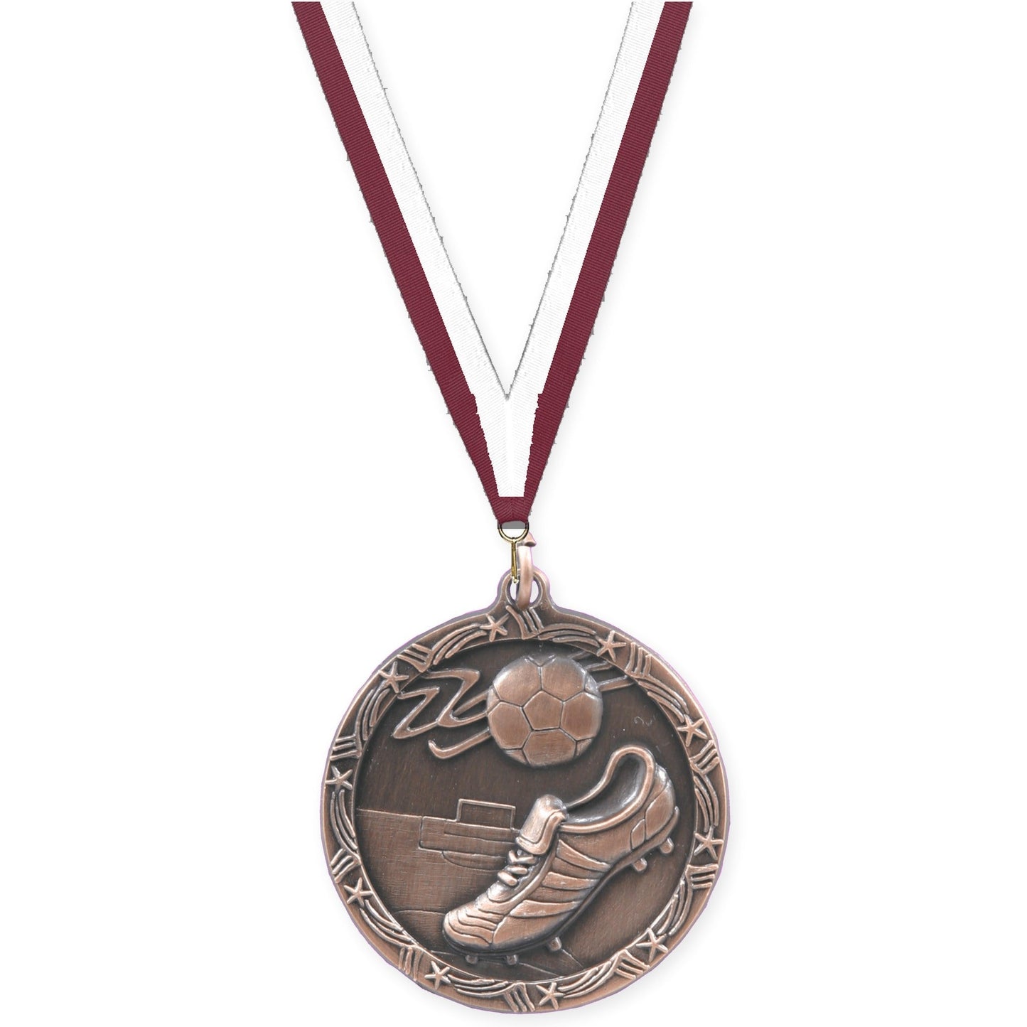 2 1/2 inch soccer Shooting Star medal in antique bronze with Maroon White neck ribbon