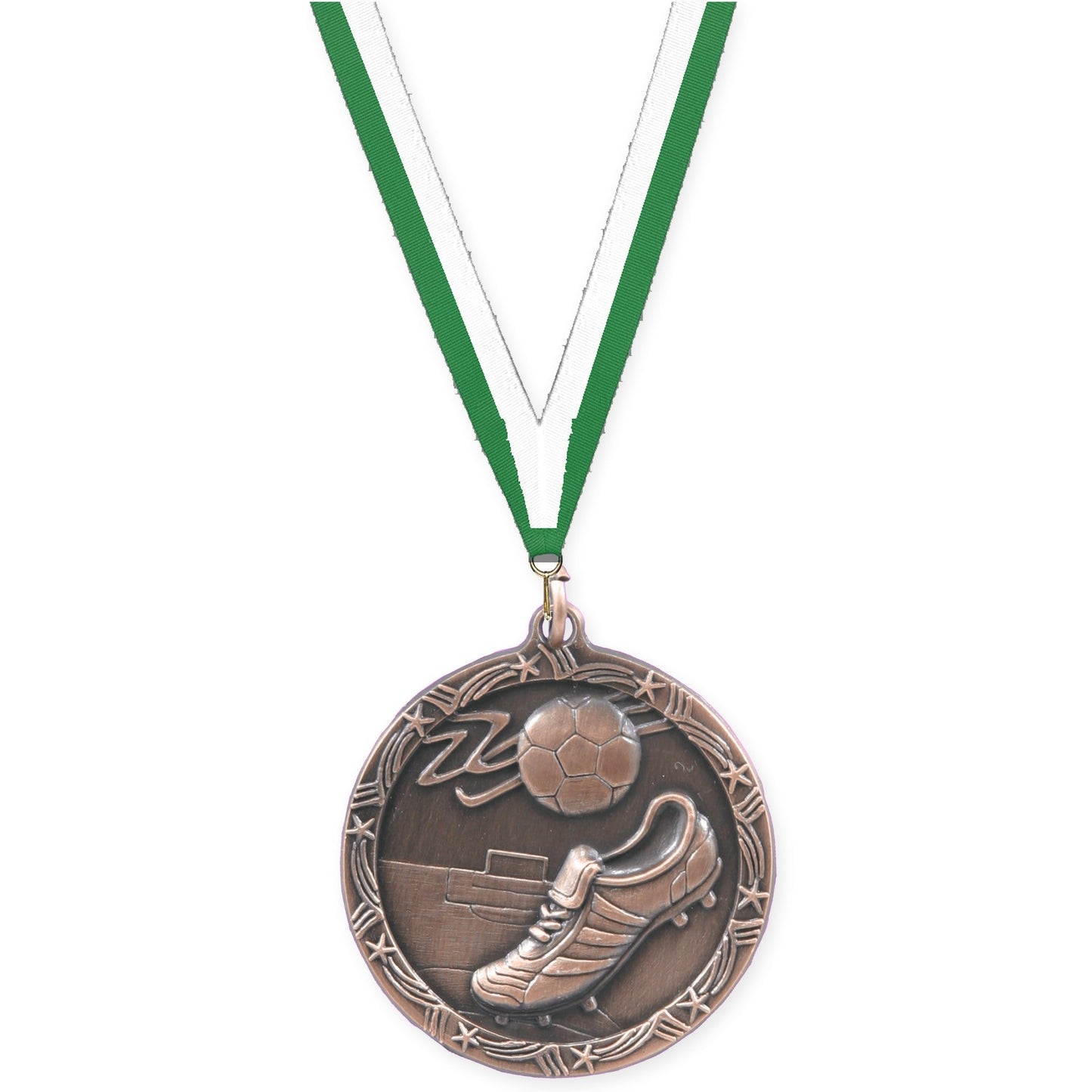 2 1/2 inch soccer Shooting Star medal in antique bronze with Green White neck ribbon