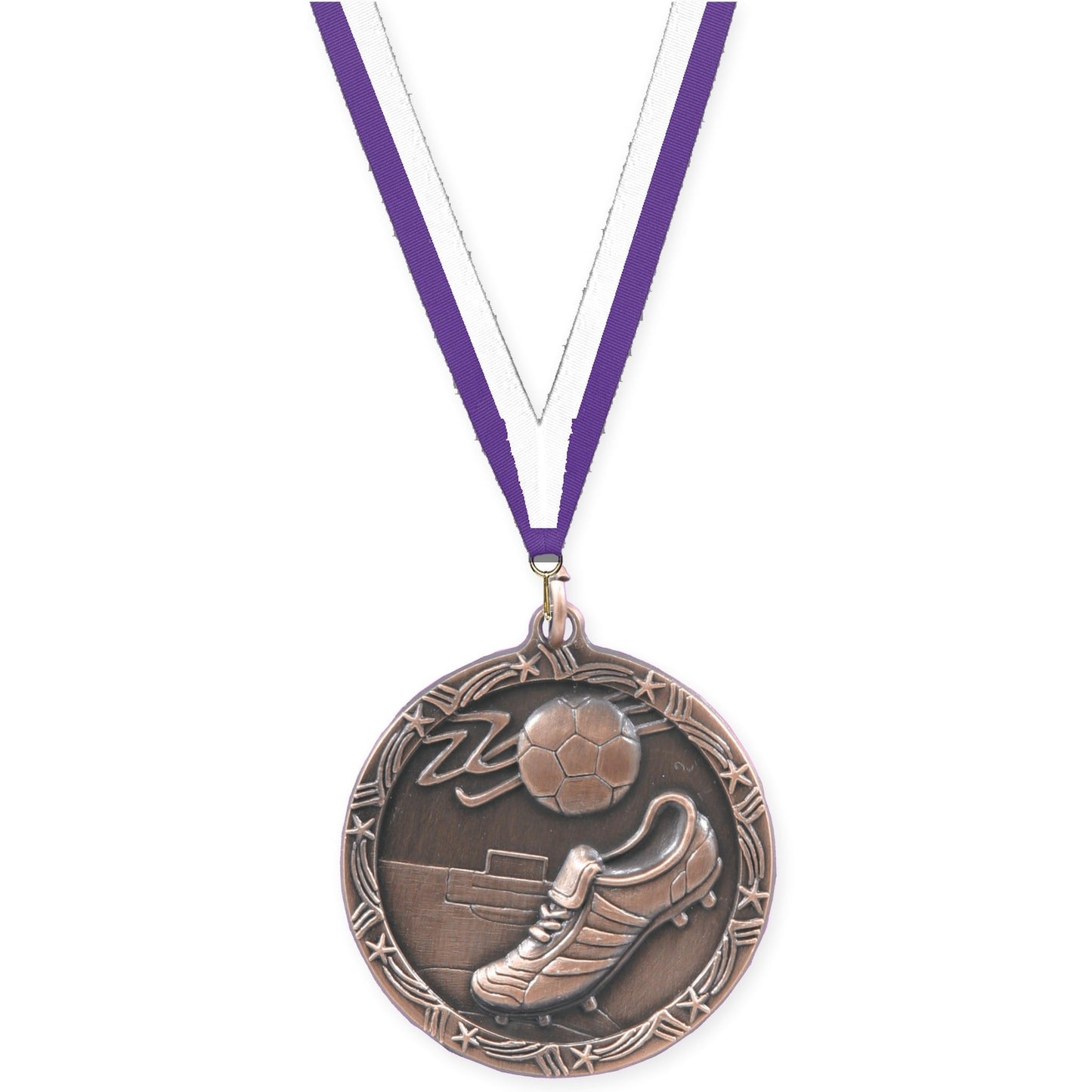 1 3/4 inch soccer Shooting Star medal in antique bronze with Purple White neck ribbon