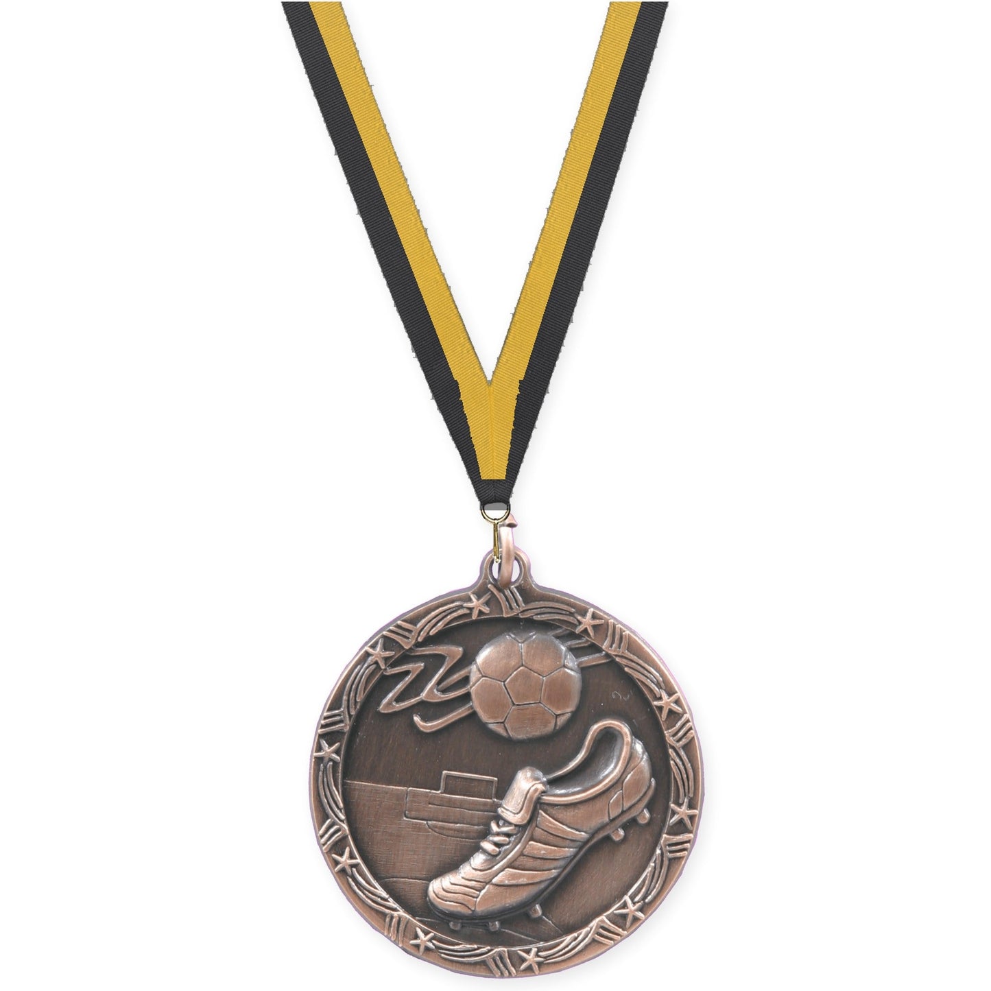 1 3/4 inch soccer Shooting Star medal in antique bronze with Black Gold neck ribbon
