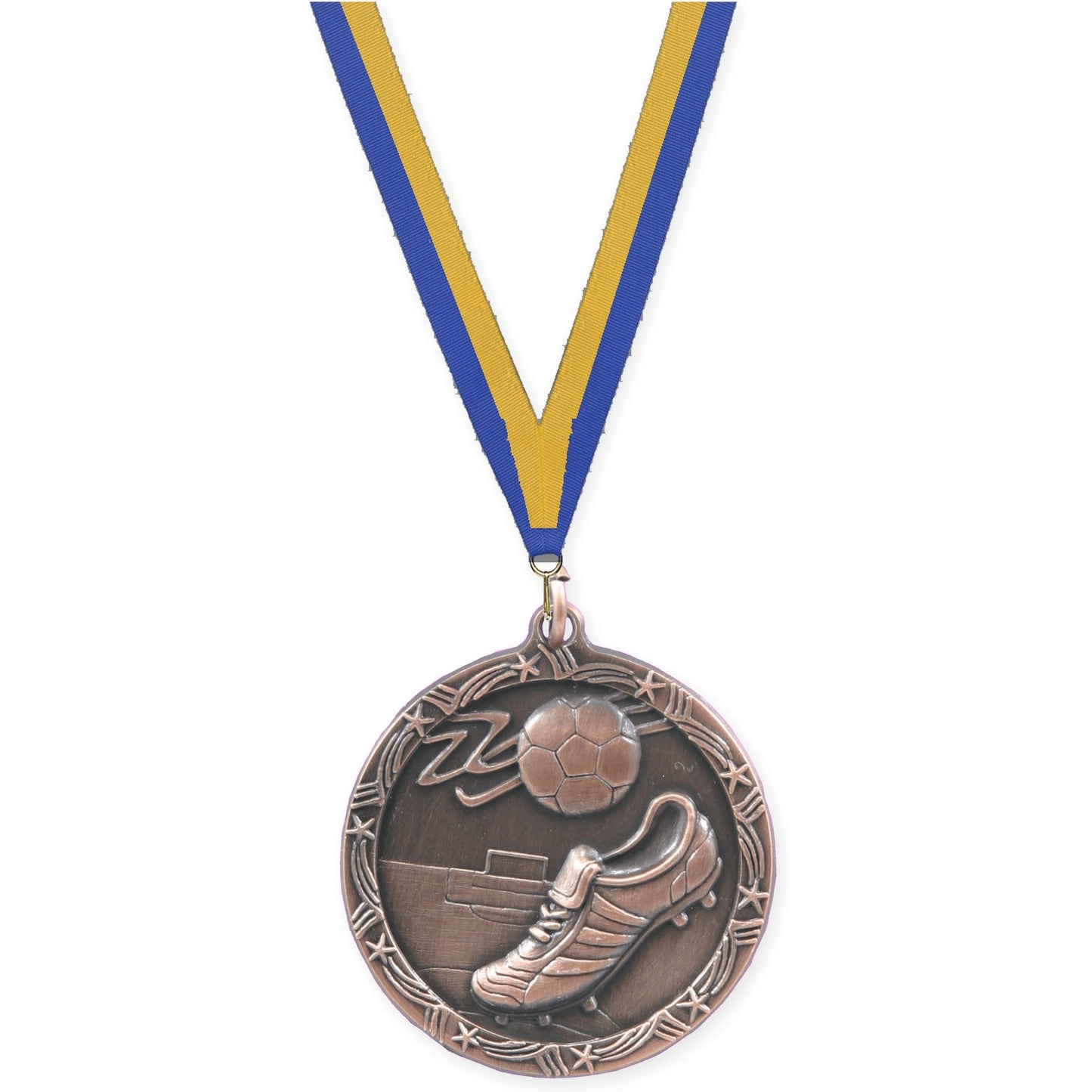2 1/2 inch soccer Shooting Star medal in antique bronze with Blue Gold neck ribbon