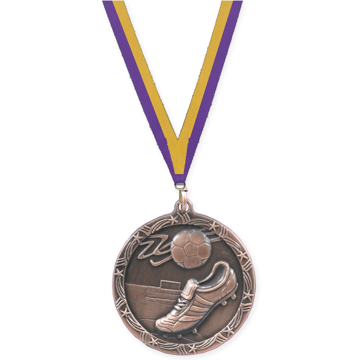 2 1/2 inch soccer Shooting Star medal in antique bronze with Purple Gold neck ribbon