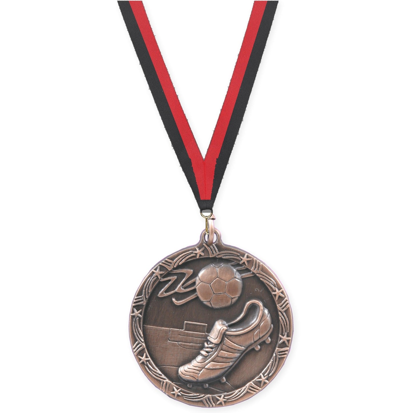 1 3/4 inch soccer Shooting Star medal in antique bronze with Black Red neck ribbon
