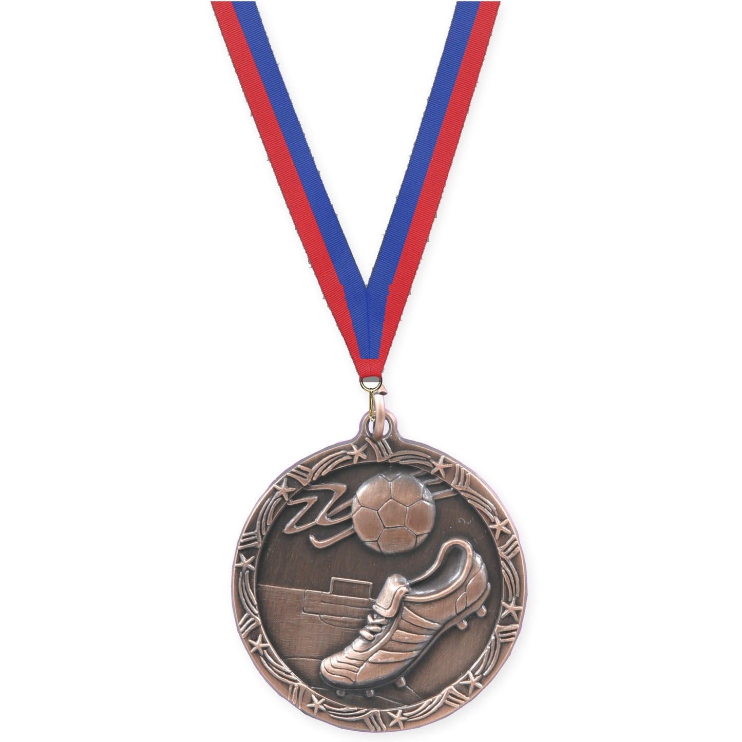 1 3/4 inch soccer Shooting Star medal in antique bronze with Blue Red neck ribbon