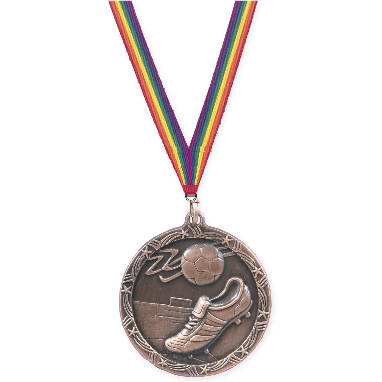 1 3/4 inch soccer Shooting Star medal in antique bronze with Rainbow neck ribbon