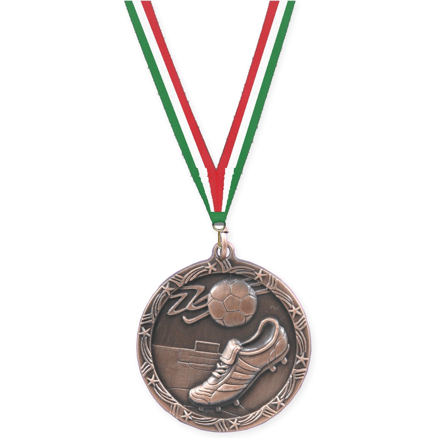 2 1/2 inch soccer Shooting Star medal in antique bronze with Green White Red neck ribbon