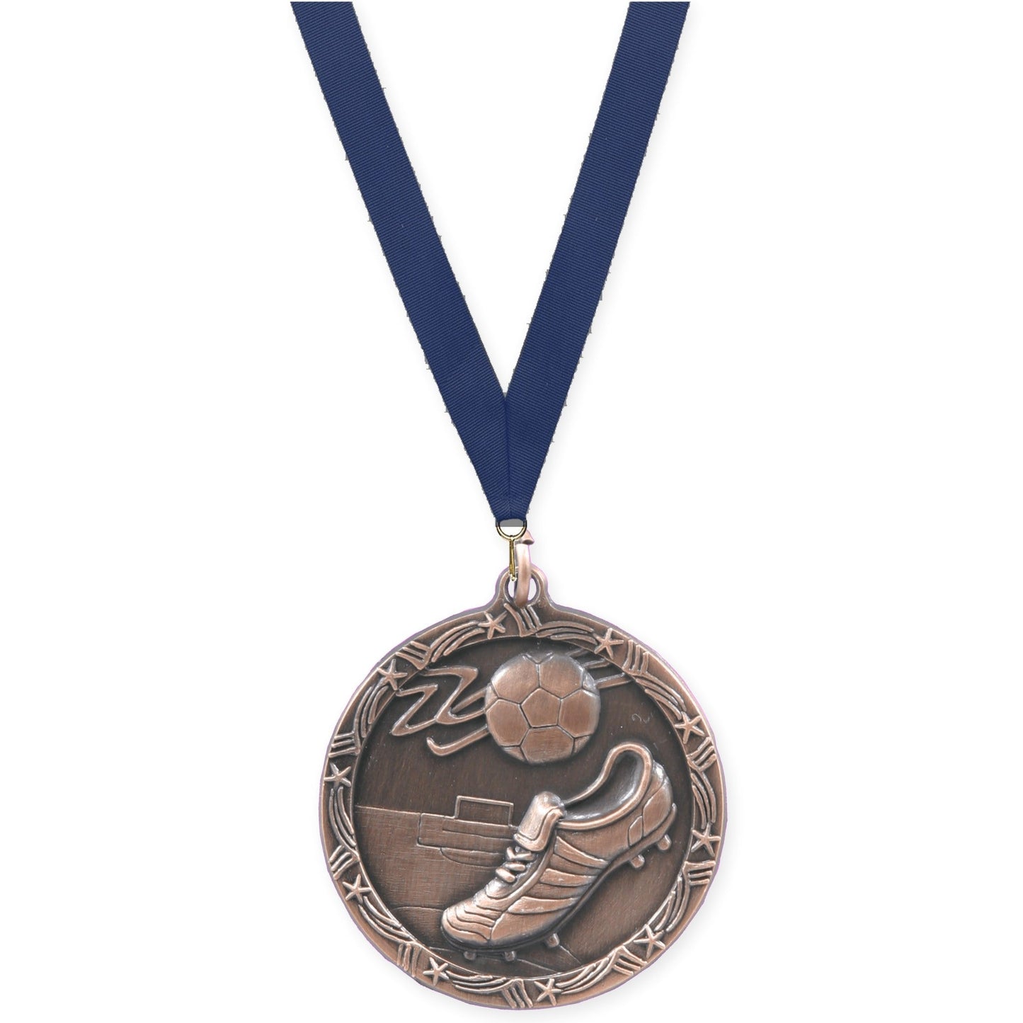 2 1/2 inch soccer Shooting Star medal in antique bronze with Navy neck ribbon