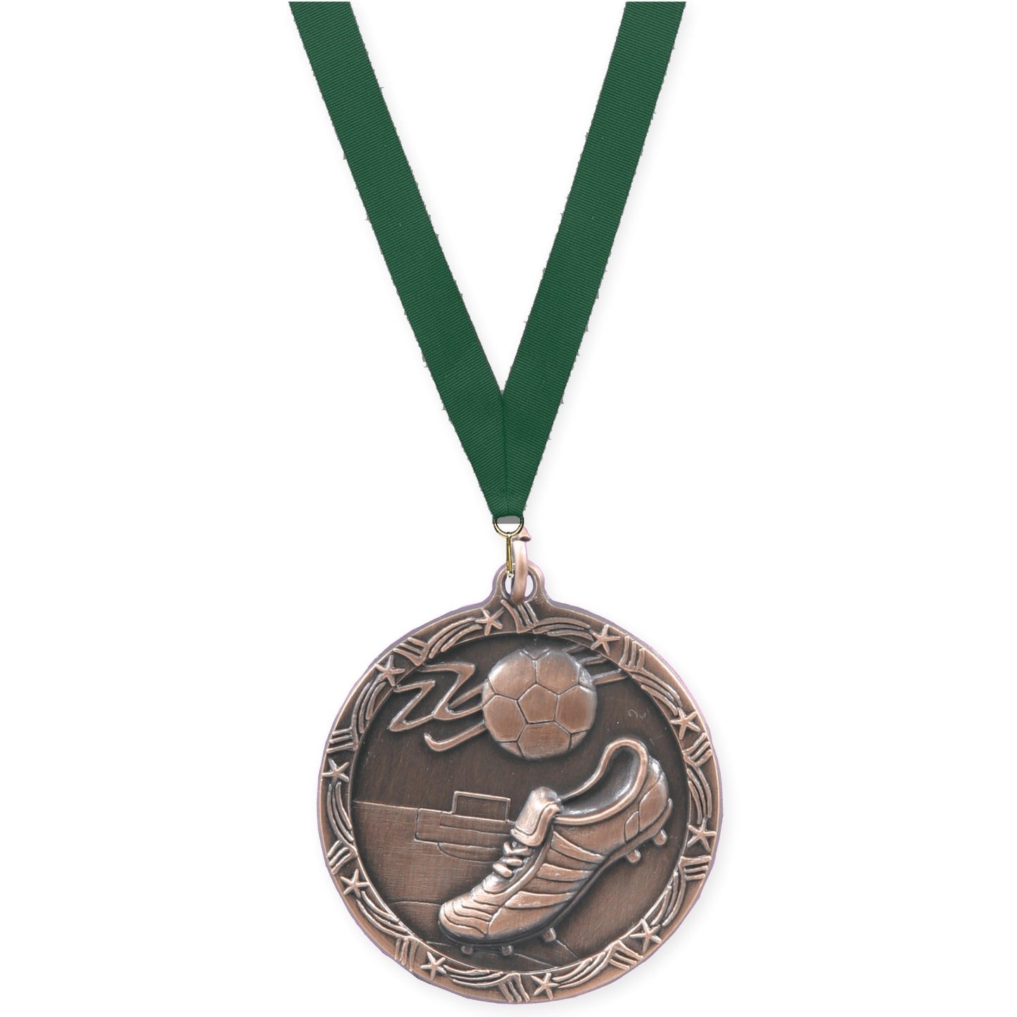 1 3/4 inch soccer Shooting Star medal in antique bronze with Hunter Green neck ribbon