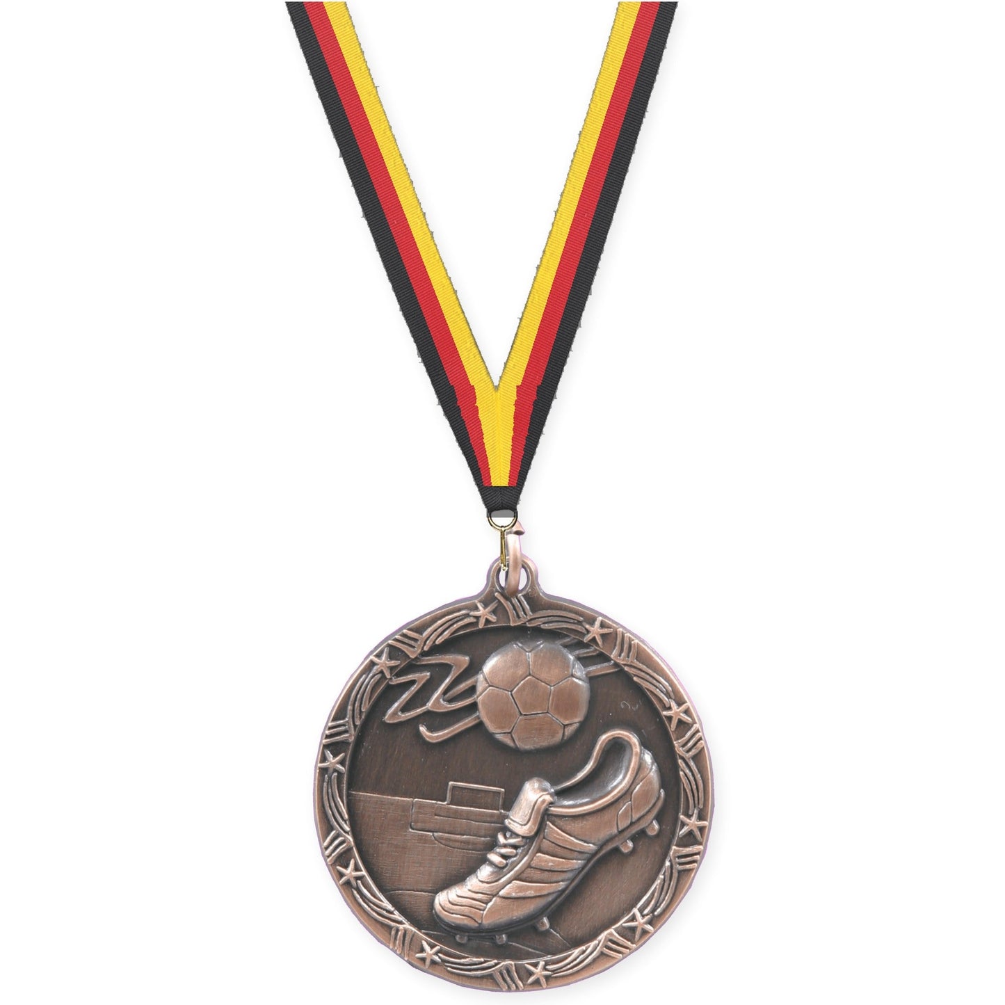 1 3/4 inch soccer Shooting Star medal in antique bronze with Black Red Yellow neck ribbon