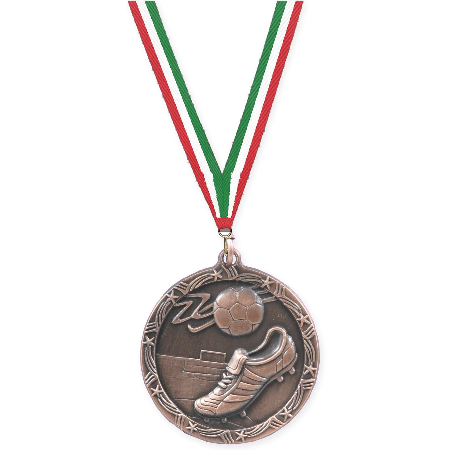 2 1/2 inch soccer Shooting Star medal in antique bronze with Red White Green neck ribbon
