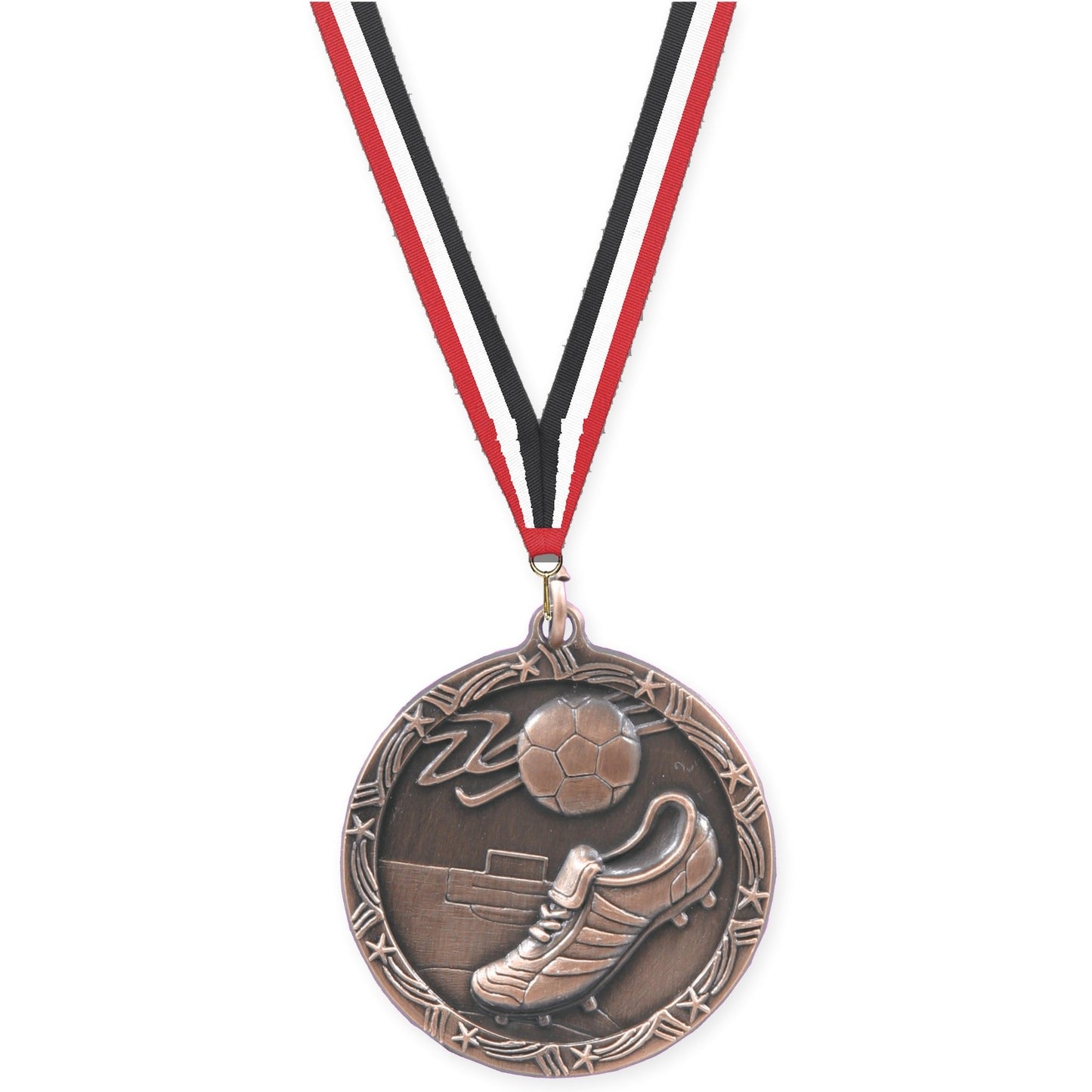 1 3/4 inch soccer Shooting Star medal in antique bronze with Red White Black neck ribbon