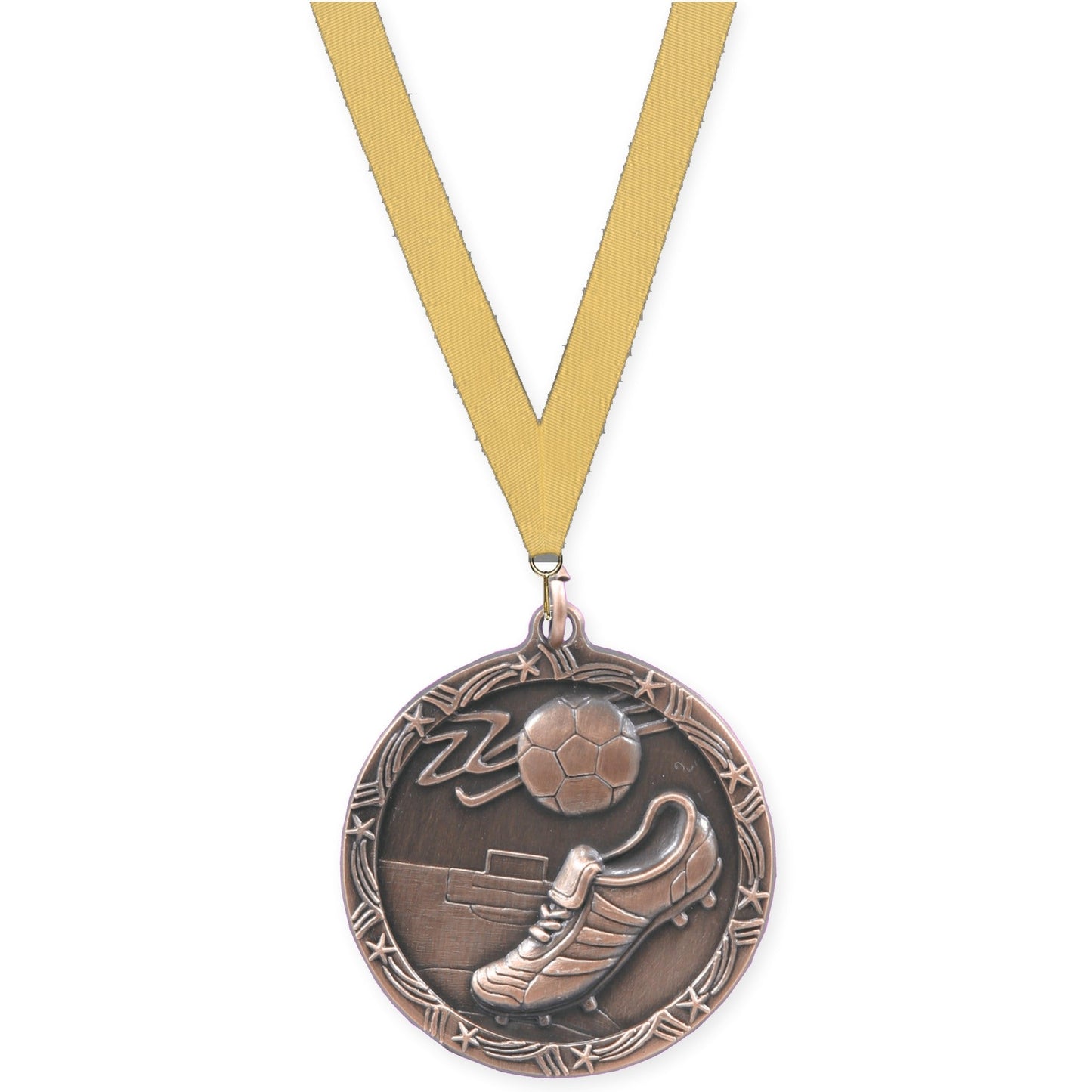 1 3/4 inch soccer Shooting Star medal in antique bronze with Gold Metallic neck ribbon
