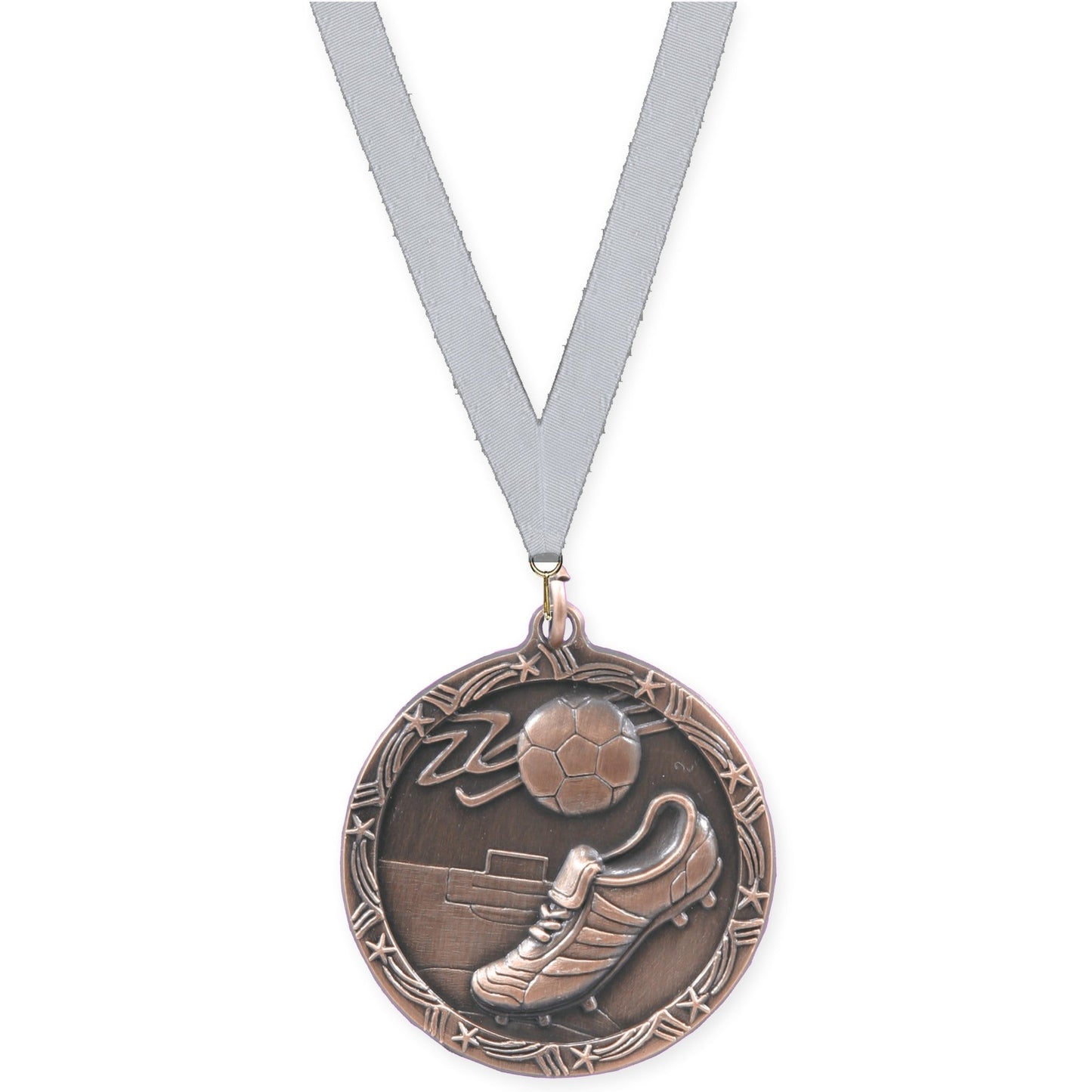 1 3/4 inch soccer Shooting Star medal in antique bronze with Silver Metallic neck ribbon