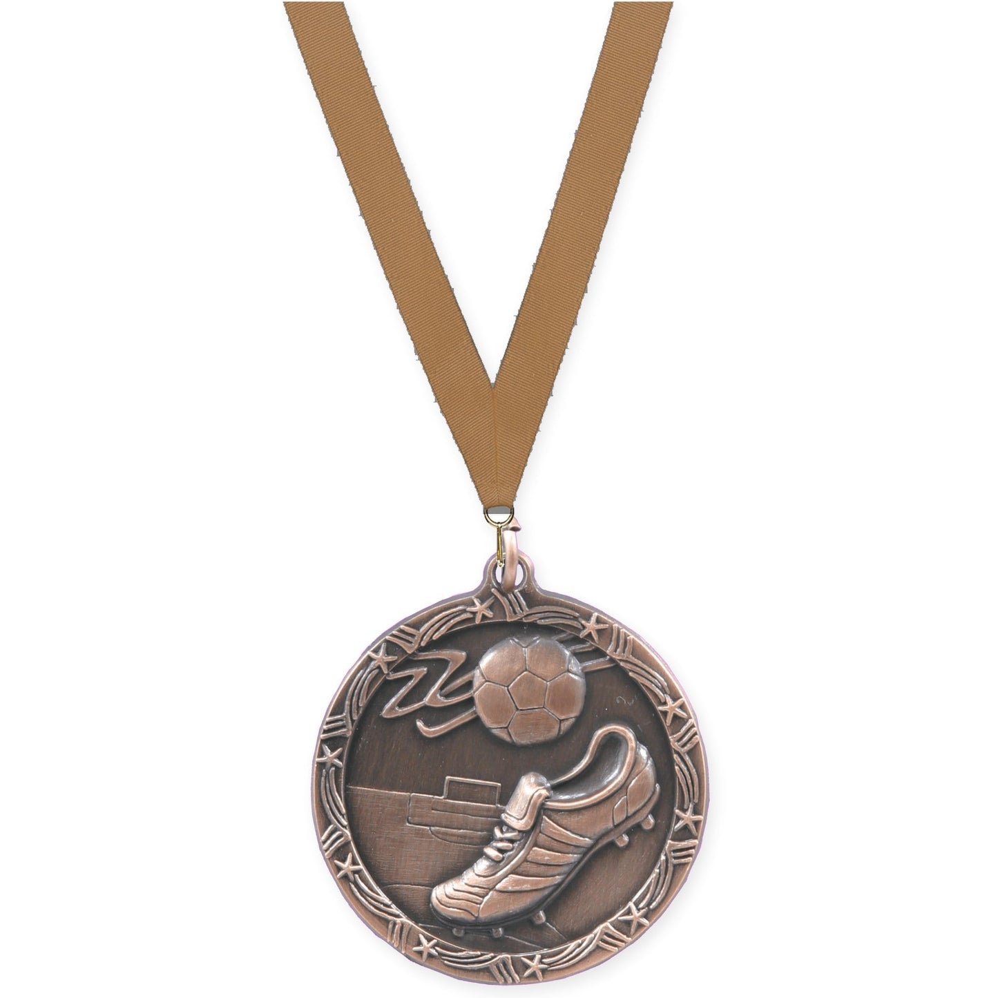 1 3/4 inch soccer Shooting Star medal in antique bronze with Bronze Metallic neck ribbon
