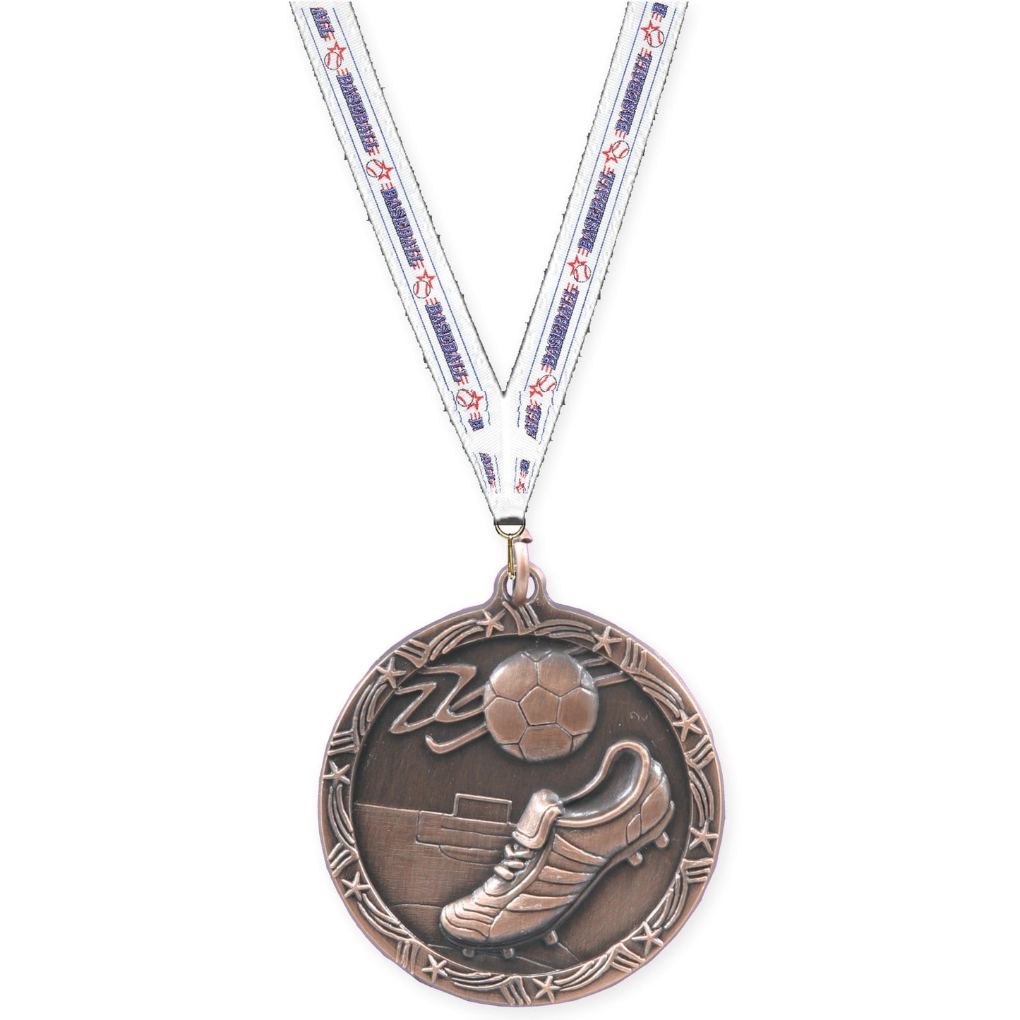 2 1/2 inch soccer Shooting Star medal in antique bronze with Baseball neck ribbon
