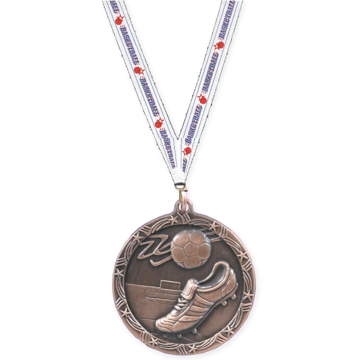 2 1/2 inch soccer Shooting Star medal in antique bronze with Basketball neck ribbon