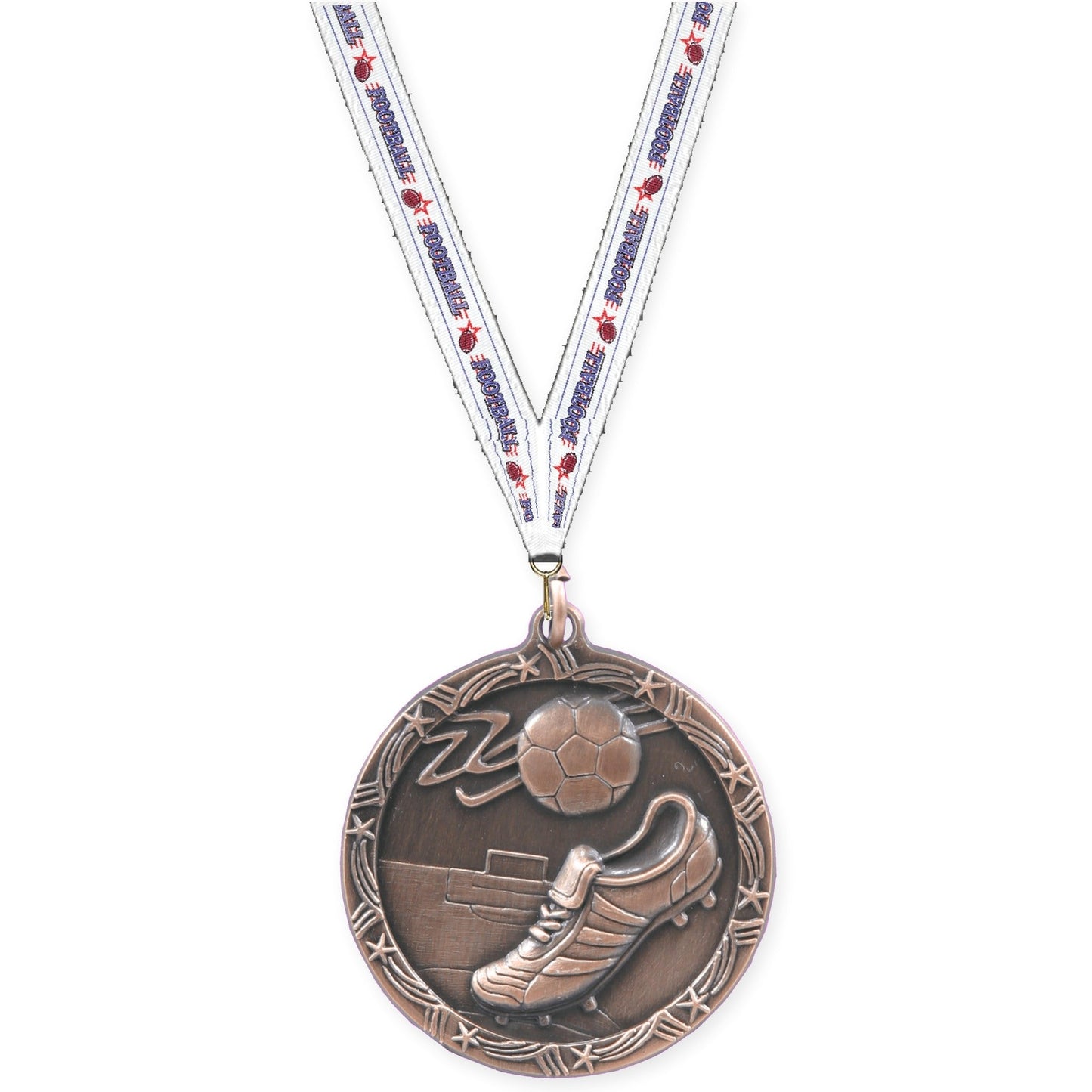1 3/4 inch soccer Shooting Star medal in antique bronze with Football neck ribbon