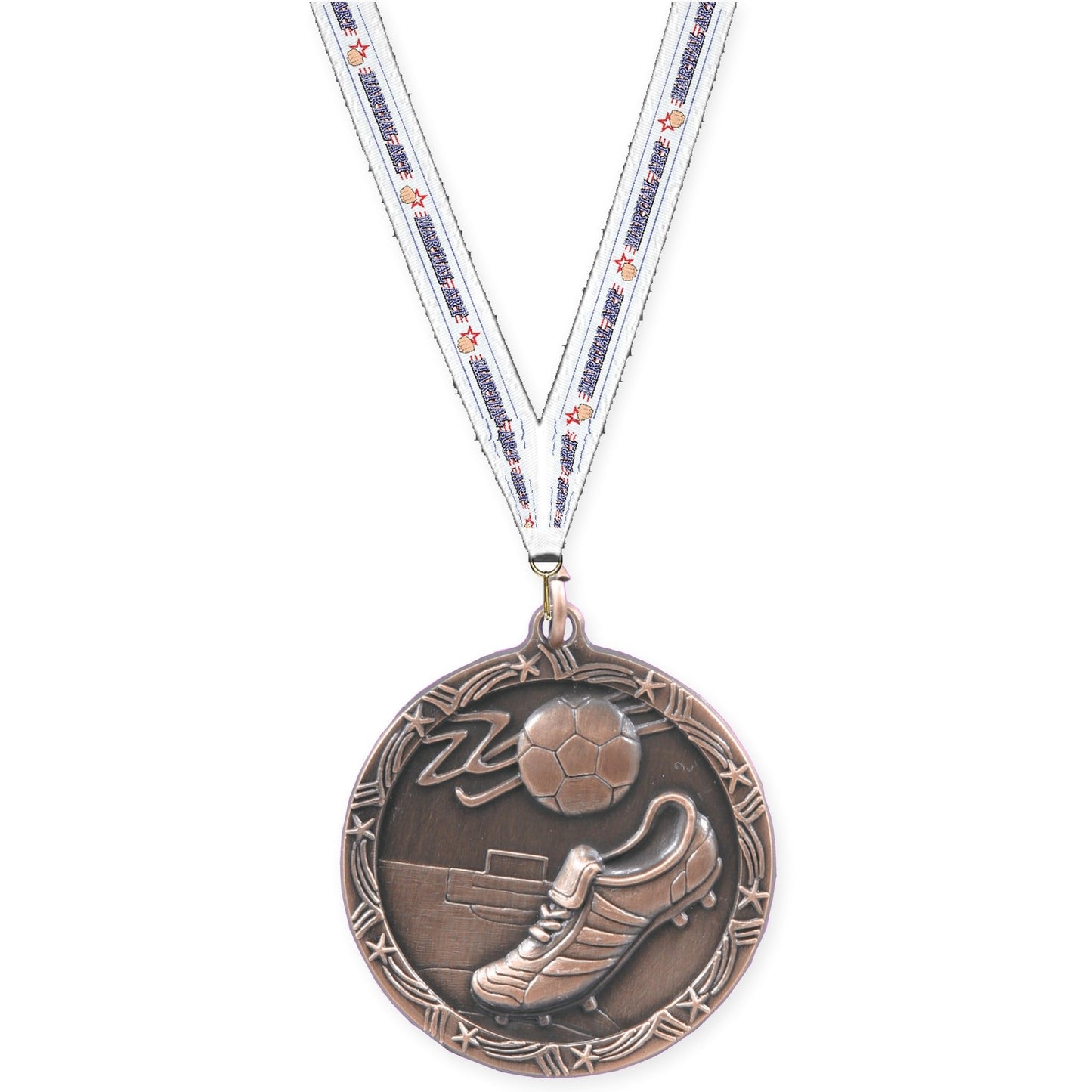 2 1/2 inch soccer Shooting Star medal in antique bronze with Martial Arts neck ribbon