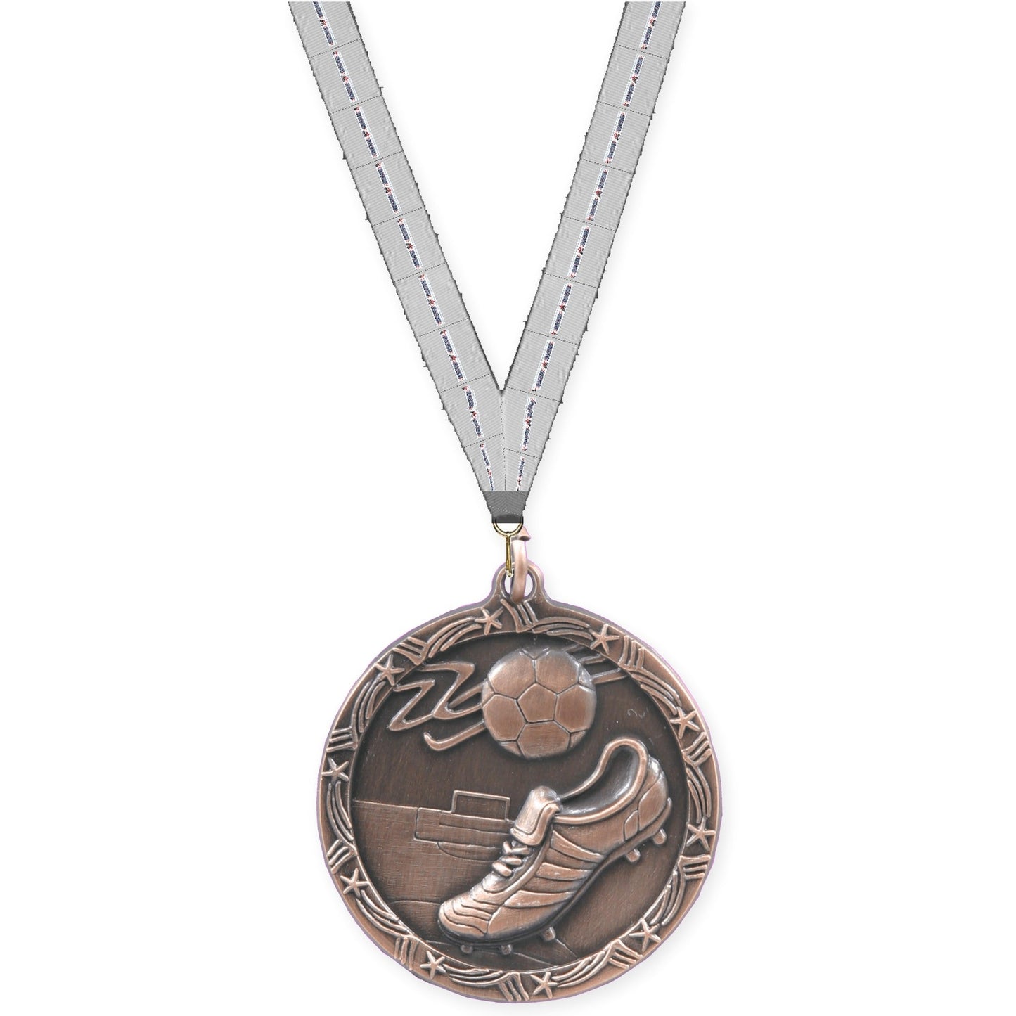 2 1/2 inch soccer Shooting Star medal in antique bronze with Auto Racing neck ribbon