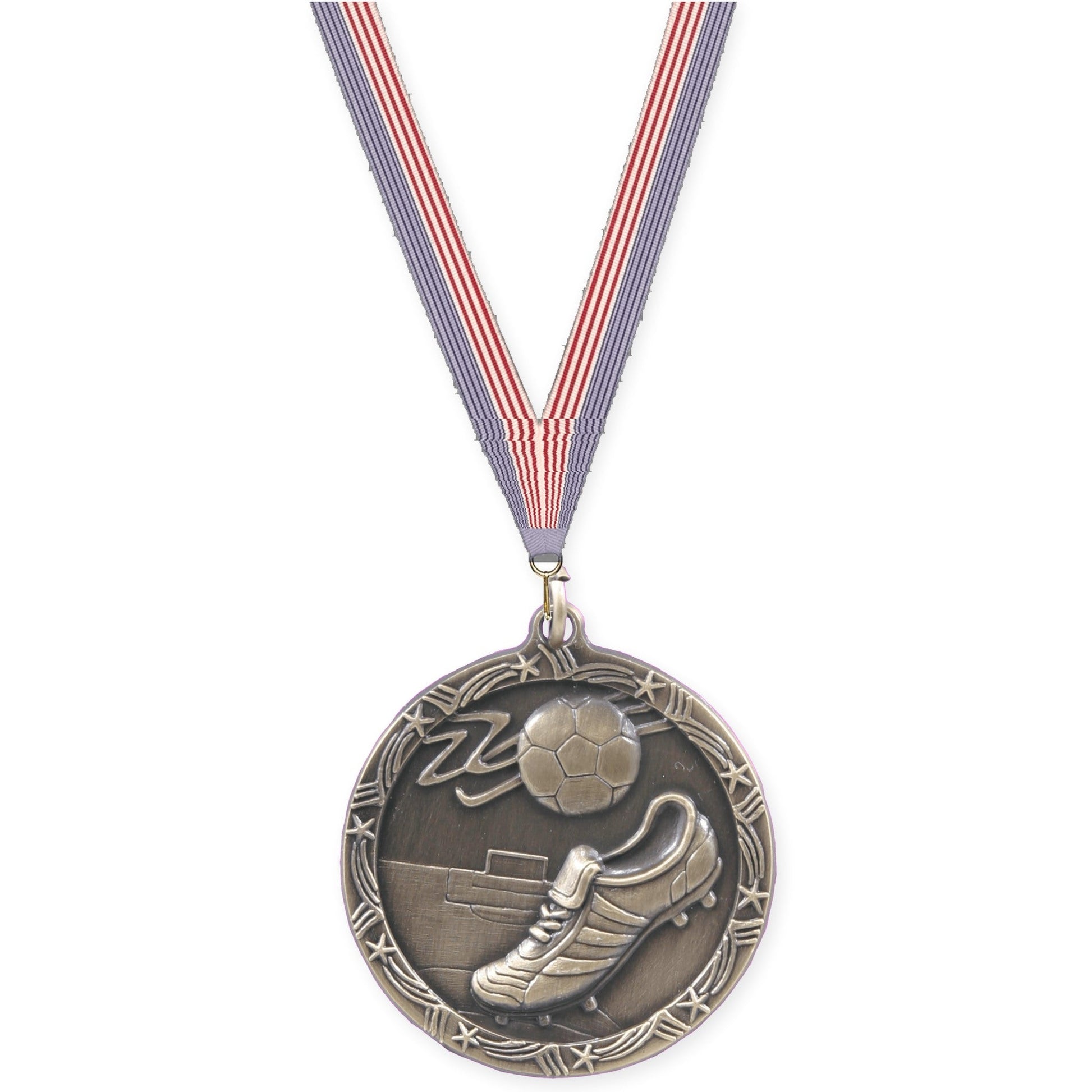 1 3/4 inch soccer Shooting Star medal in antique gold with USA Flag neck ribbon