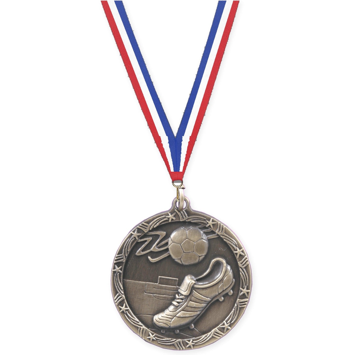1 3/4 inch soccer Shooting Star medal in antique gold with Red White Blue neck ribbon