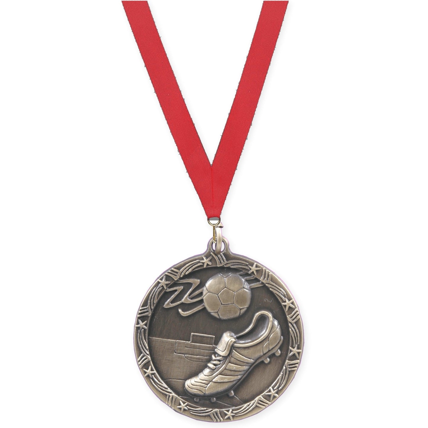 2 1/2 inch soccer Shooting Star medal in antique gold with Red neck ribbon