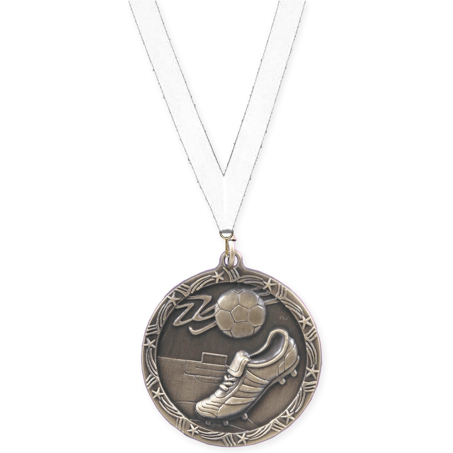 2 1/2 inch soccer Shooting Star medal in antique gold with White neck ribbon