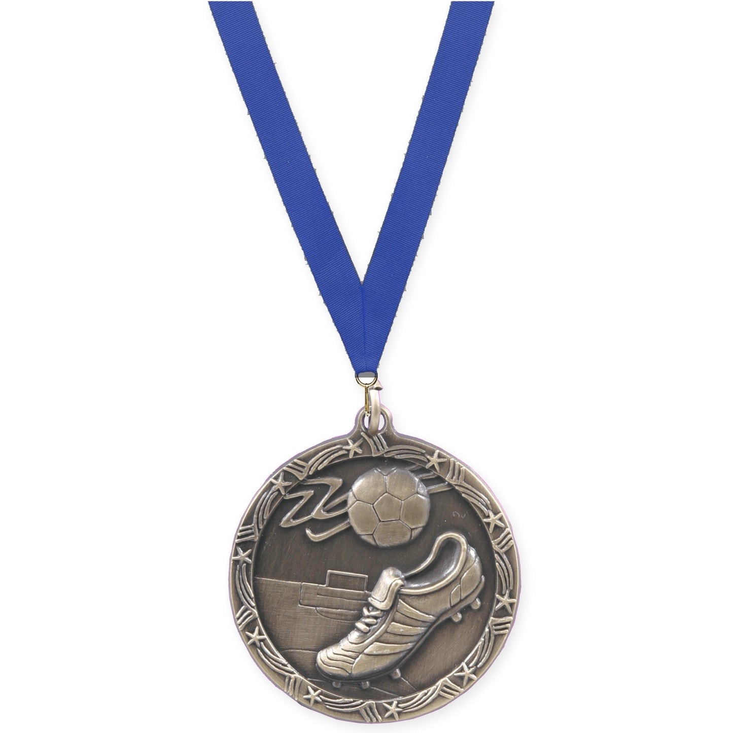 1 3/4 inch soccer Shooting Star medal in antique gold with Blue neck ribbon