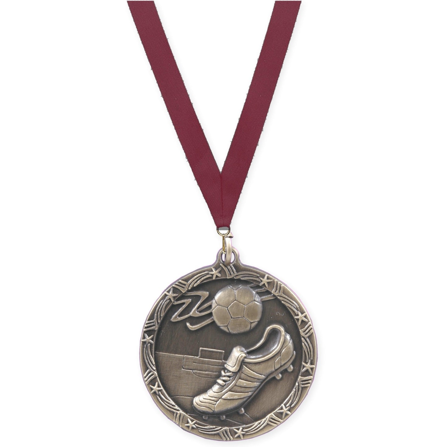 2 1/2 inch soccer Shooting Star medal in antique gold with Maroon neck ribbon