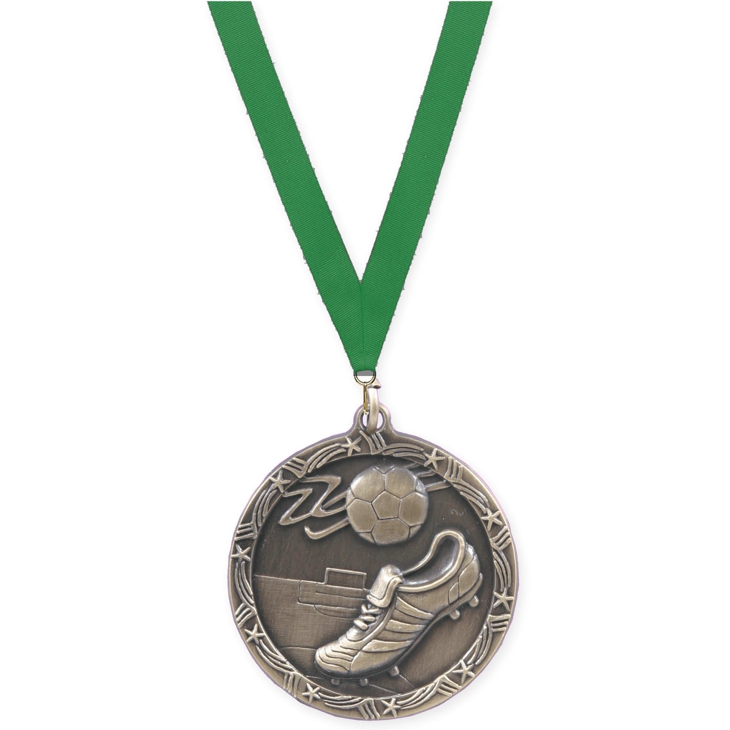 2 1/2 inch soccer Shooting Star medal in antique gold with Green neck ribbon