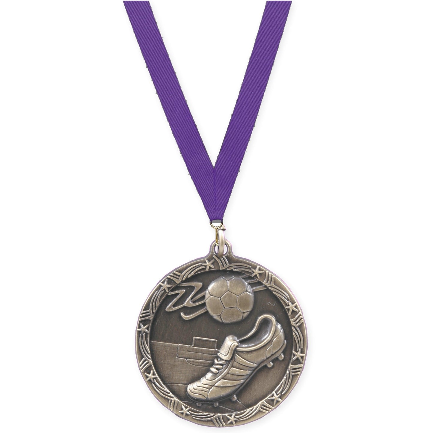 2 1/2 inch soccer Shooting Star medal in antique gold with Purple neck ribbon