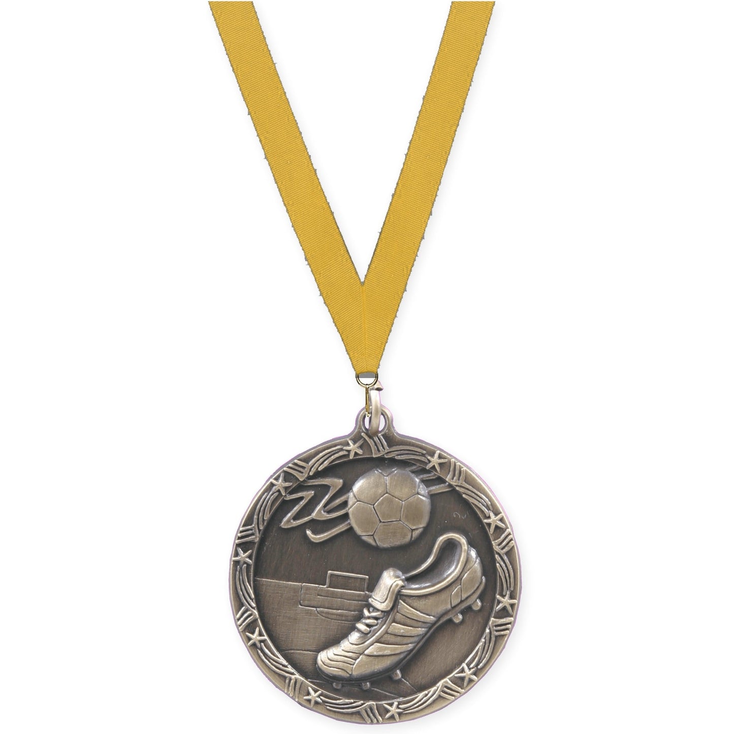 2 1/2 inch soccer Shooting Star medal in antique gold with Gold neck ribbon