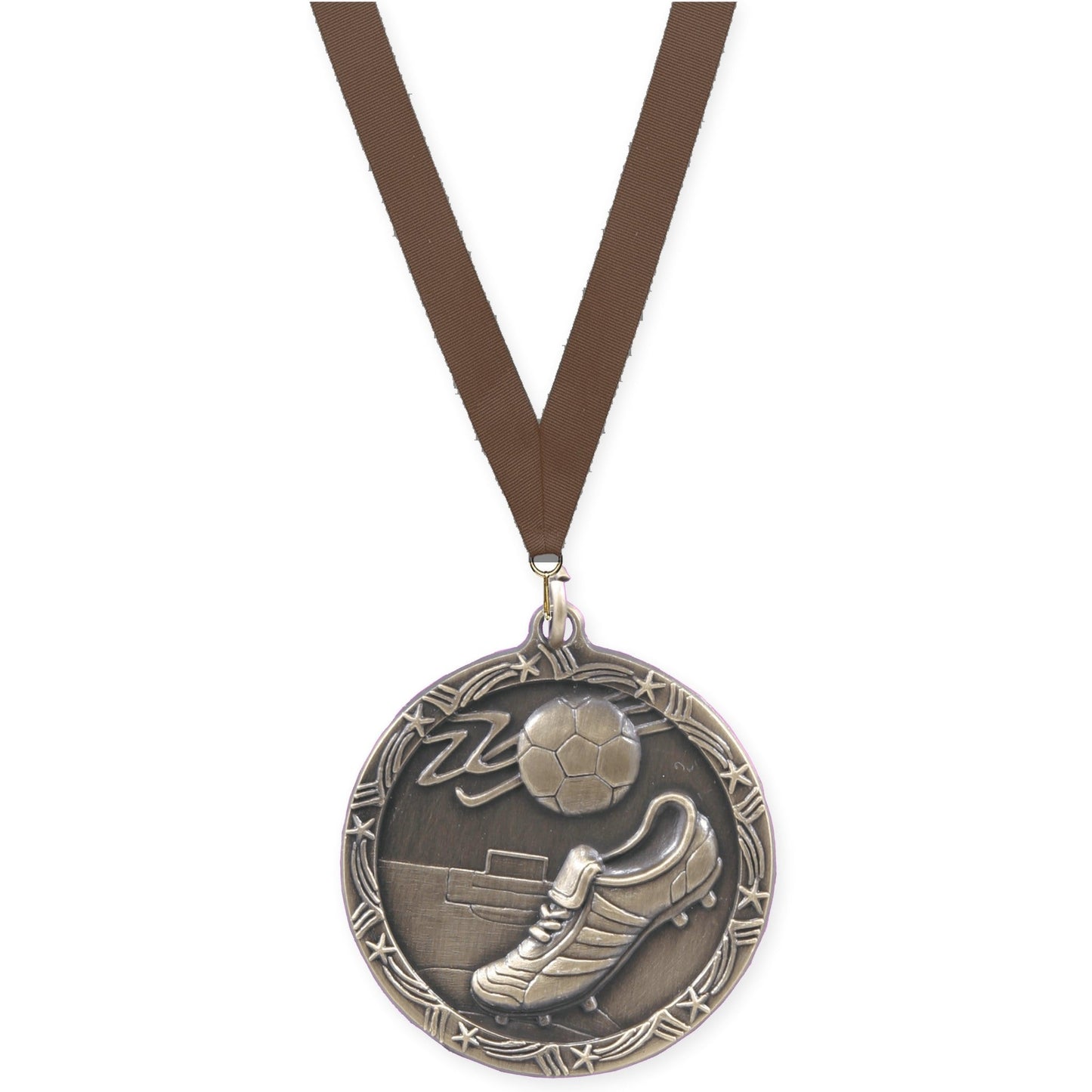 1 3/4 inch soccer Shooting Star medal in antique gold with Brown neck ribbon