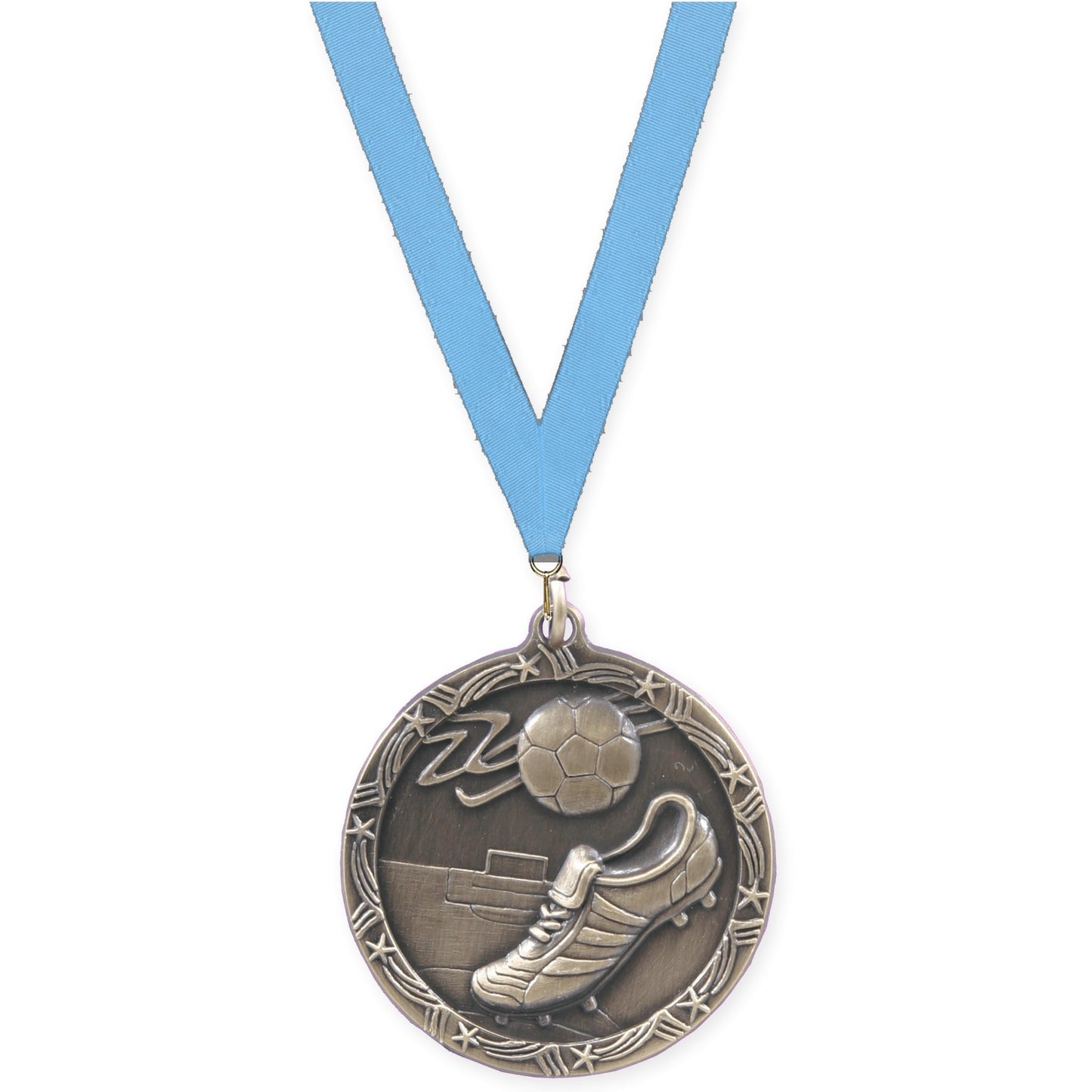 2 1/2 inch soccer Shooting Star medal in antique gold with Light Blue neck ribbon