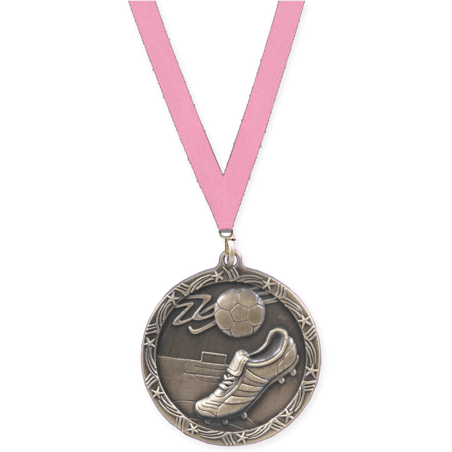 1 3/4 inch soccer Shooting Star medal in antique gold with Pink neck ribbon